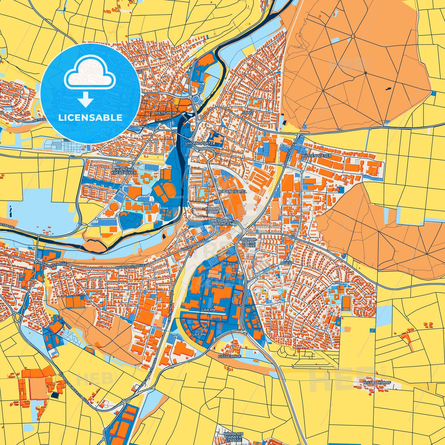 Colorful Bietigheim-Bissingen Street Map with Labels and Buildings