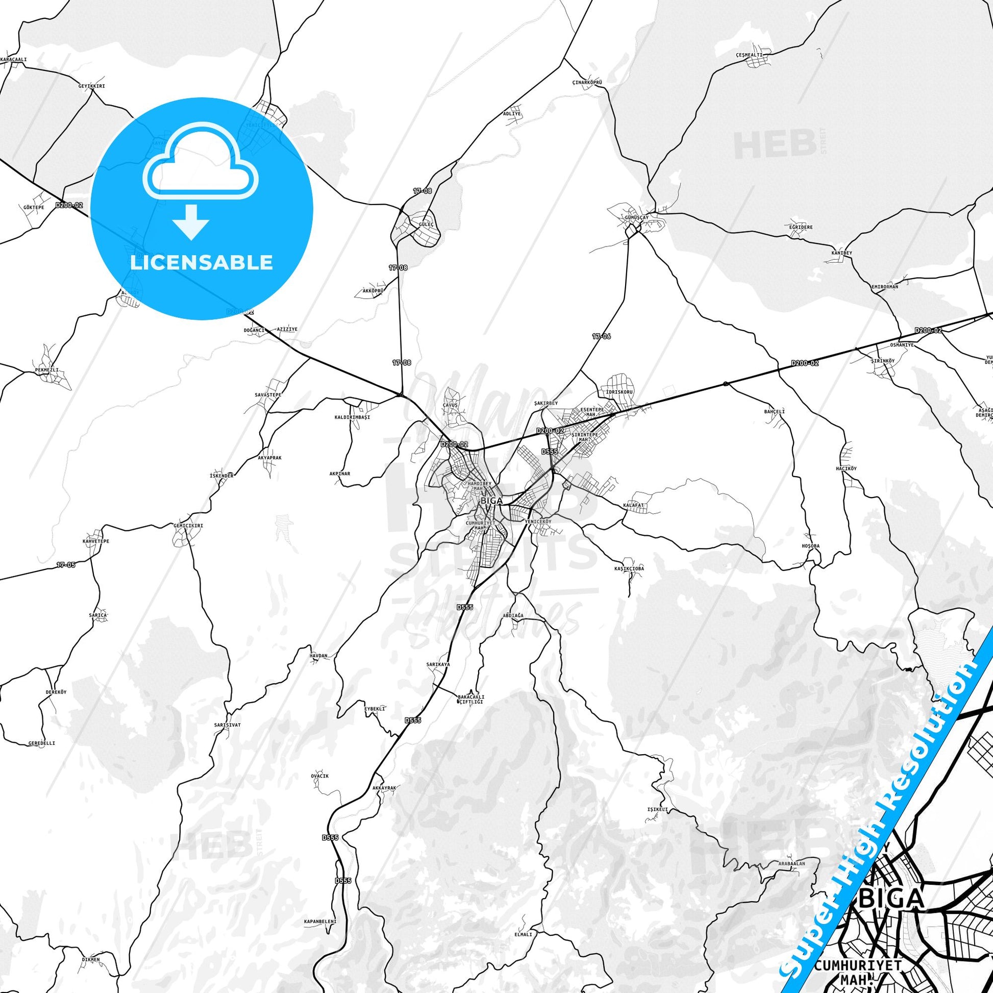 Biga, Turkey light map with streetnames, citynames and districts