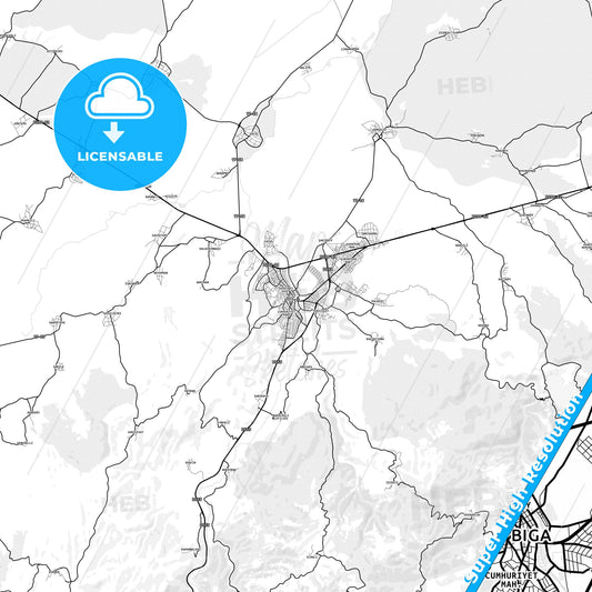 Biga, Turkey light map with streetnames, citynames and districts