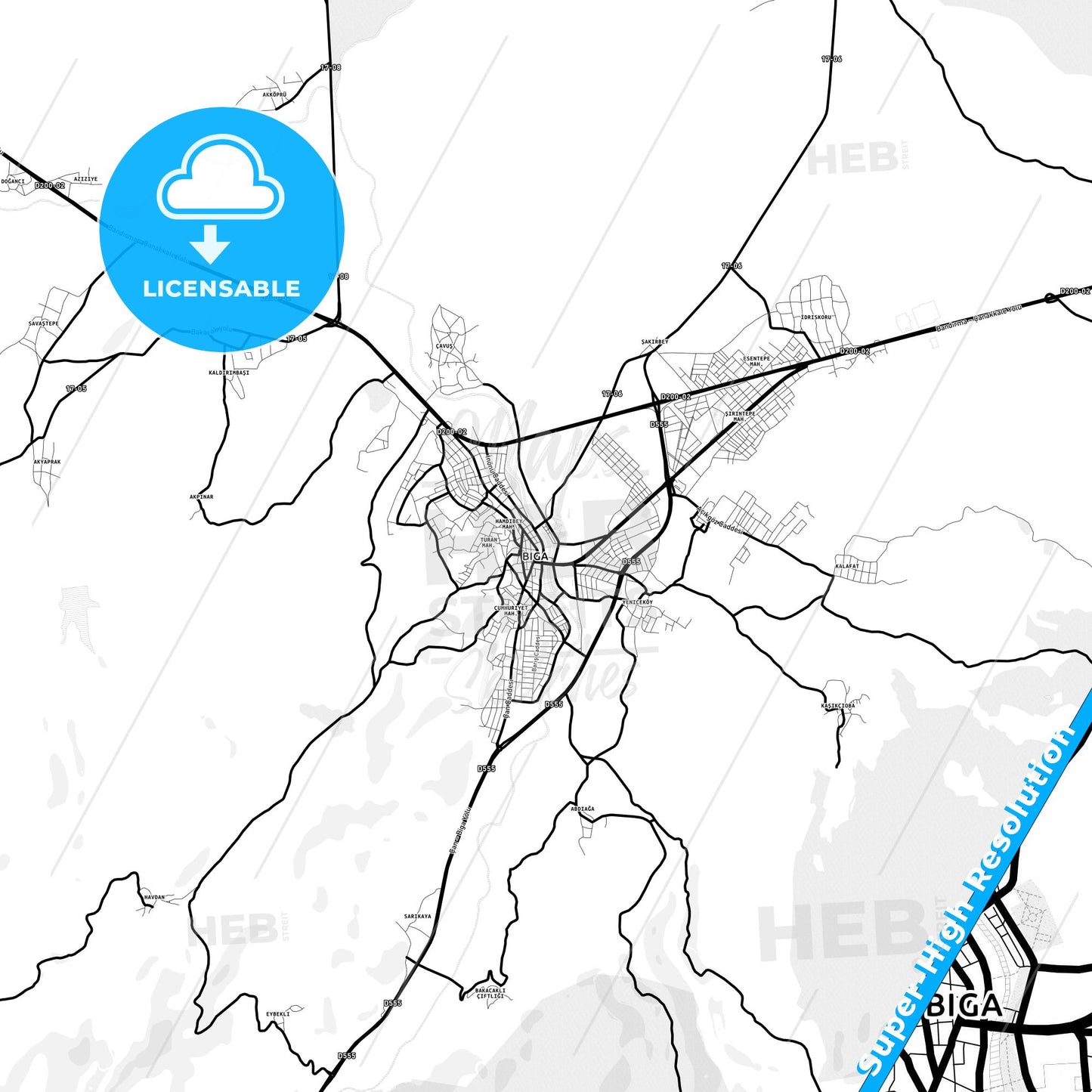 Biga, Turkey Light Map with Street Names, City Names, and Districts