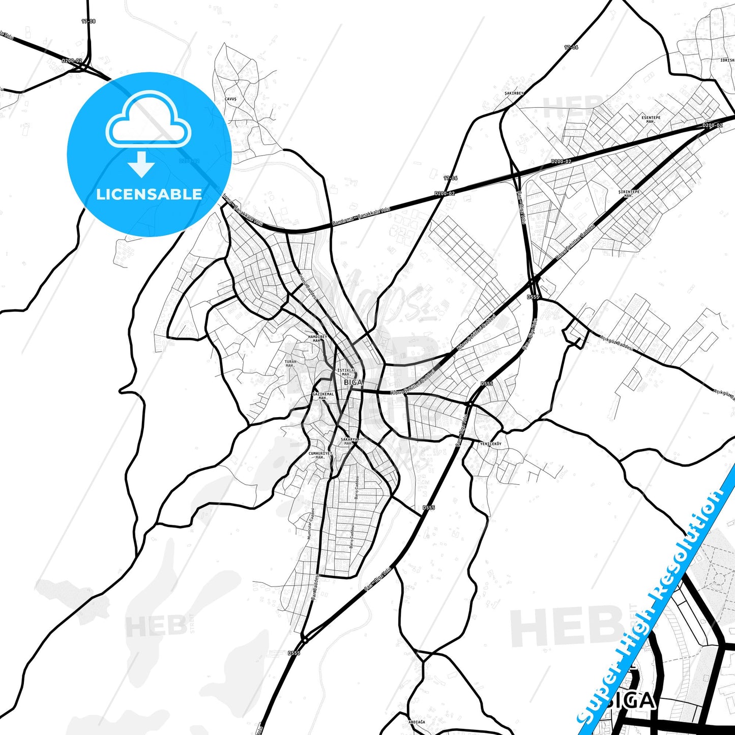 Biga, Turkey Light Map with Street Names, City Names, and Districts