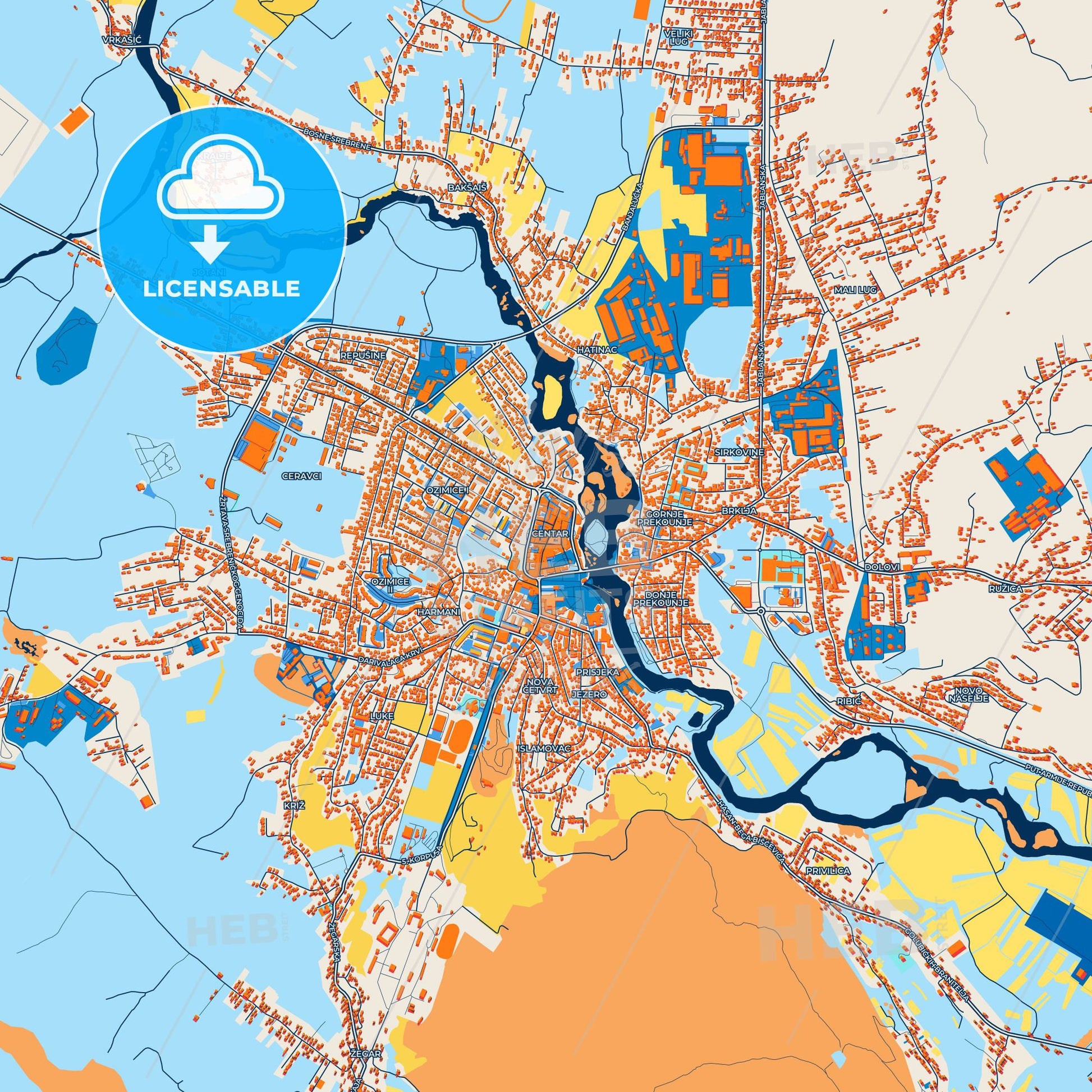 Colorful Bihać Street Map with Labels and Buildings