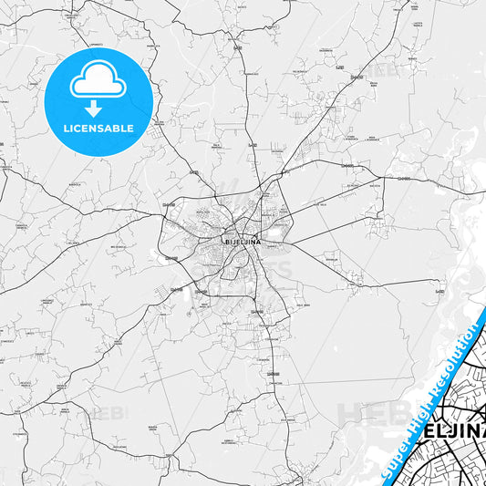 Bijeljina, Bosnia and Herzegovina light map with streetnames, citynames and districts