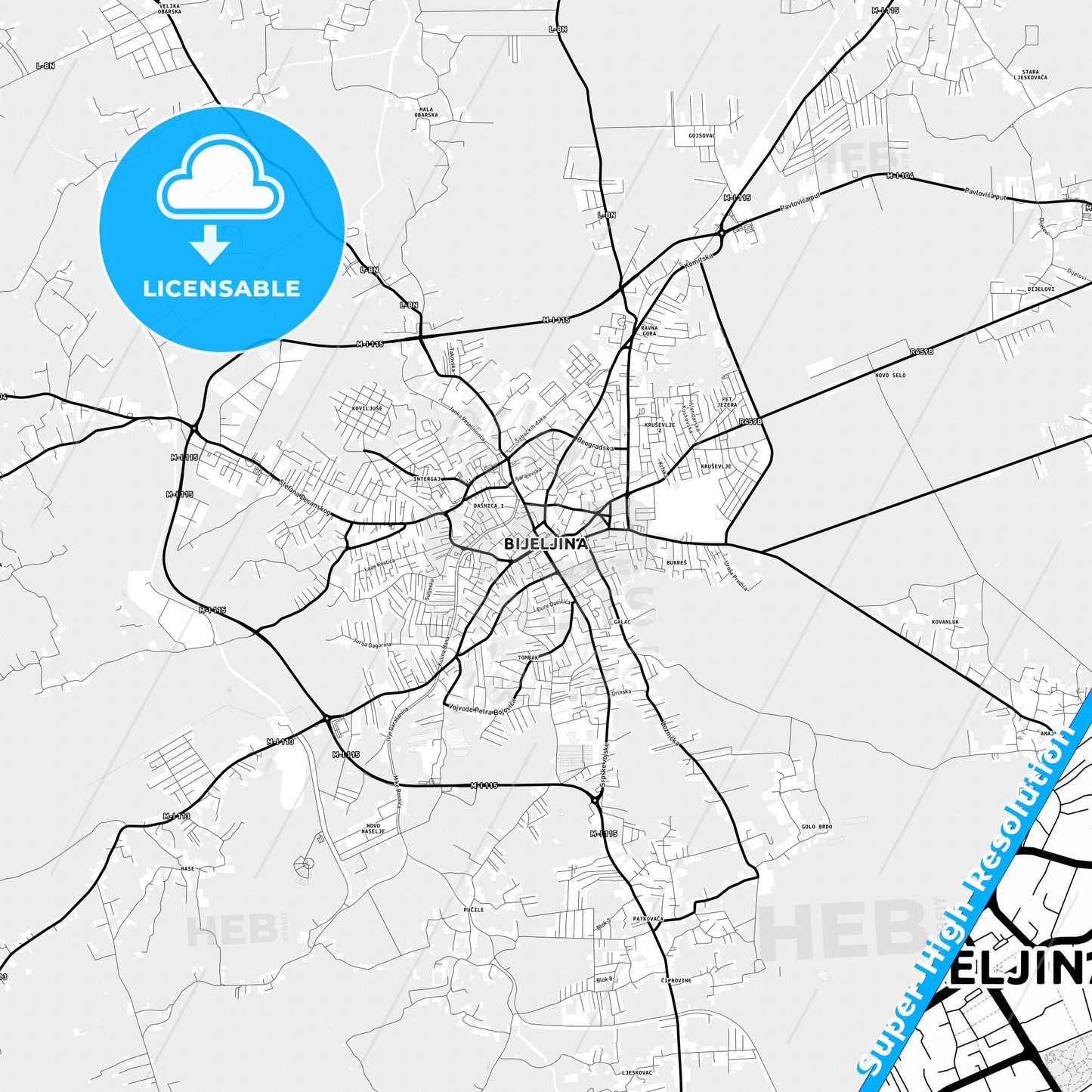 Bijeljina, Bosnia and Herzegovina Light Map with Street Names, City Names, and Districts