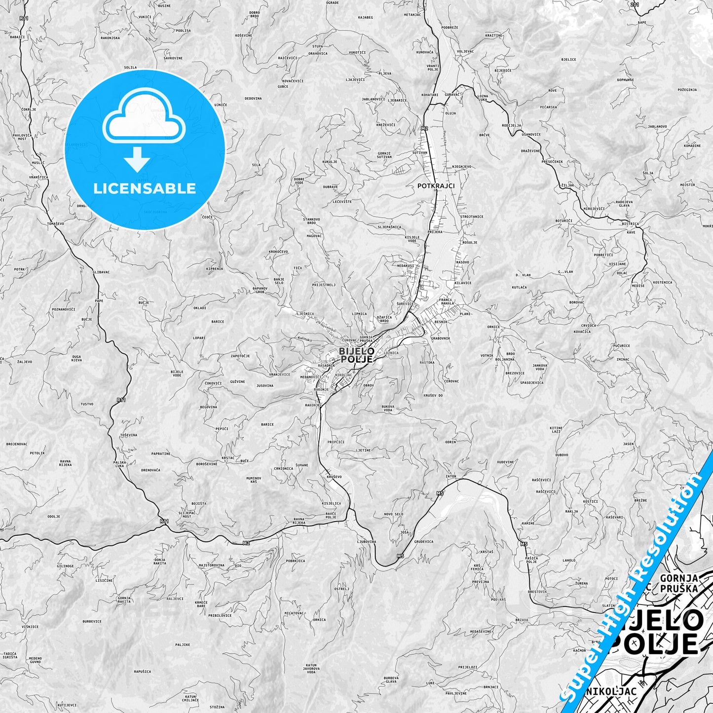 Bijelo Polje, Montenegro light map with streetnames, citynames and districts