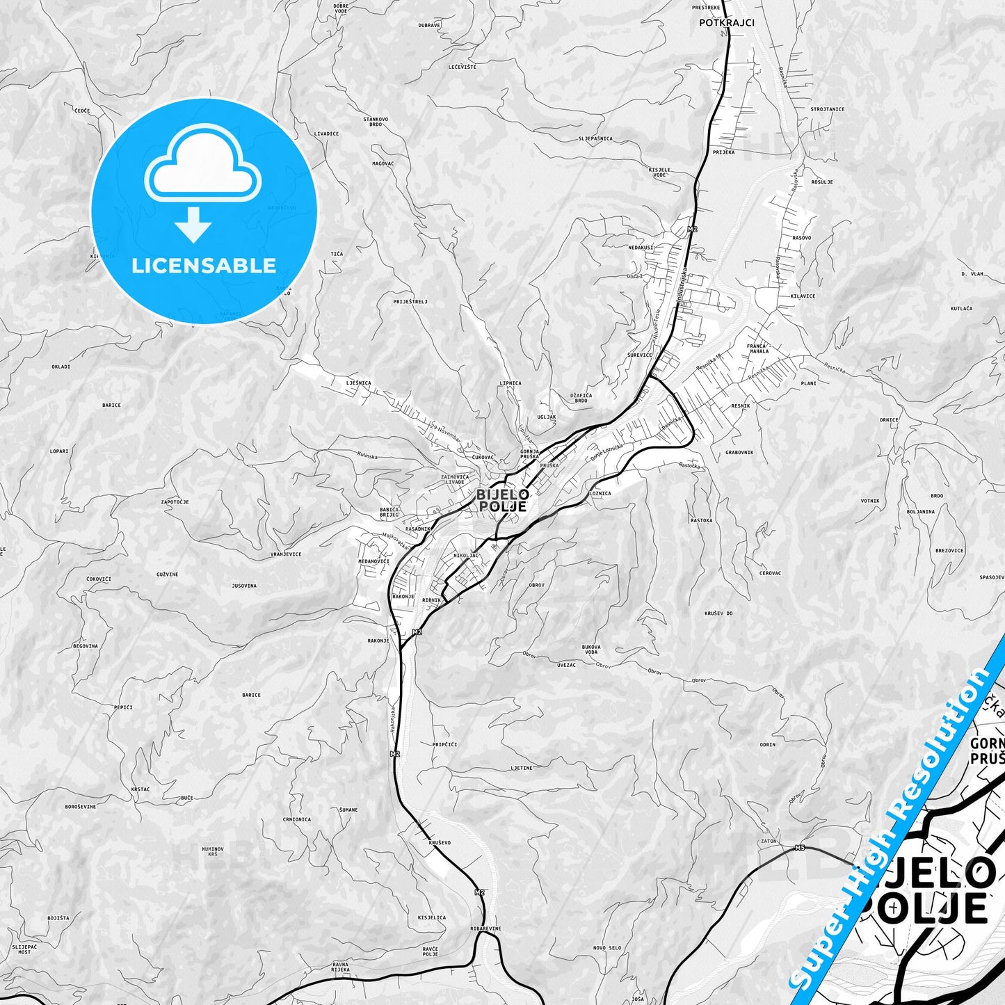 Bijelo Polje, Montenegro Light Map with Street Names, City Names, and Districts