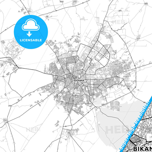Bikaner, India light map with streetnames, citynames and districts