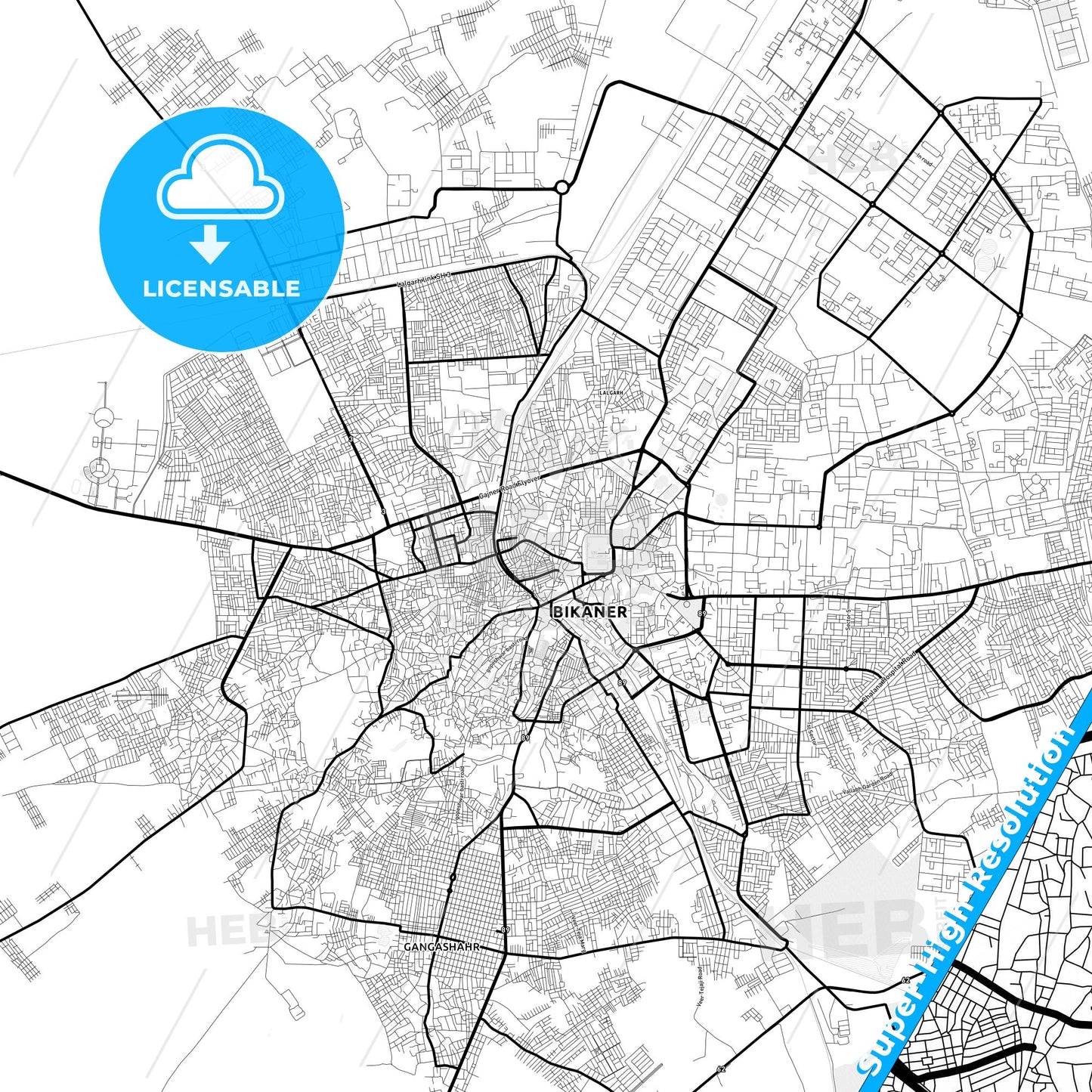 Bikaner, India Light Map with Street Names, City Names, and Districts