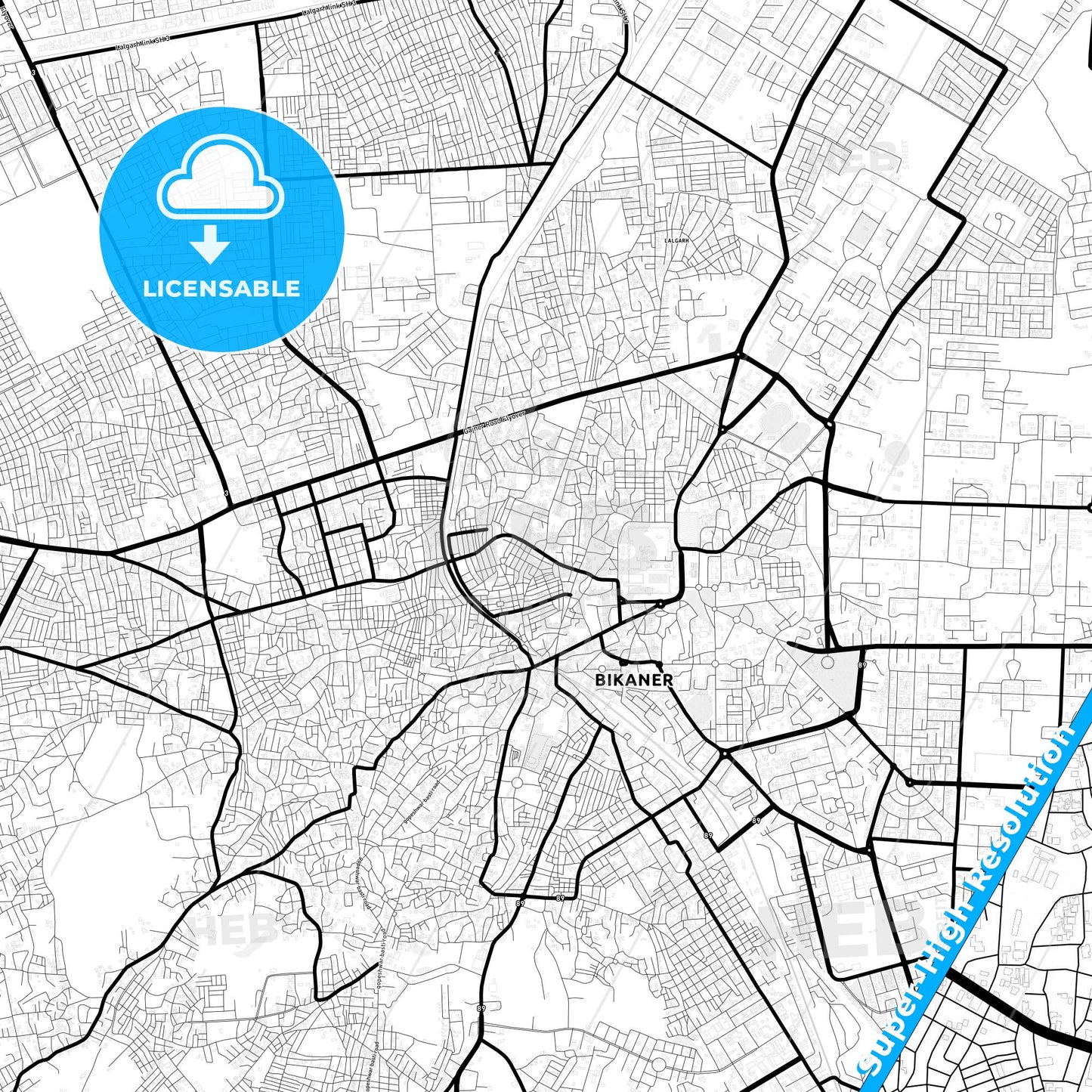 Bikaner, India Light Map with Street Names, City Names, and Districts