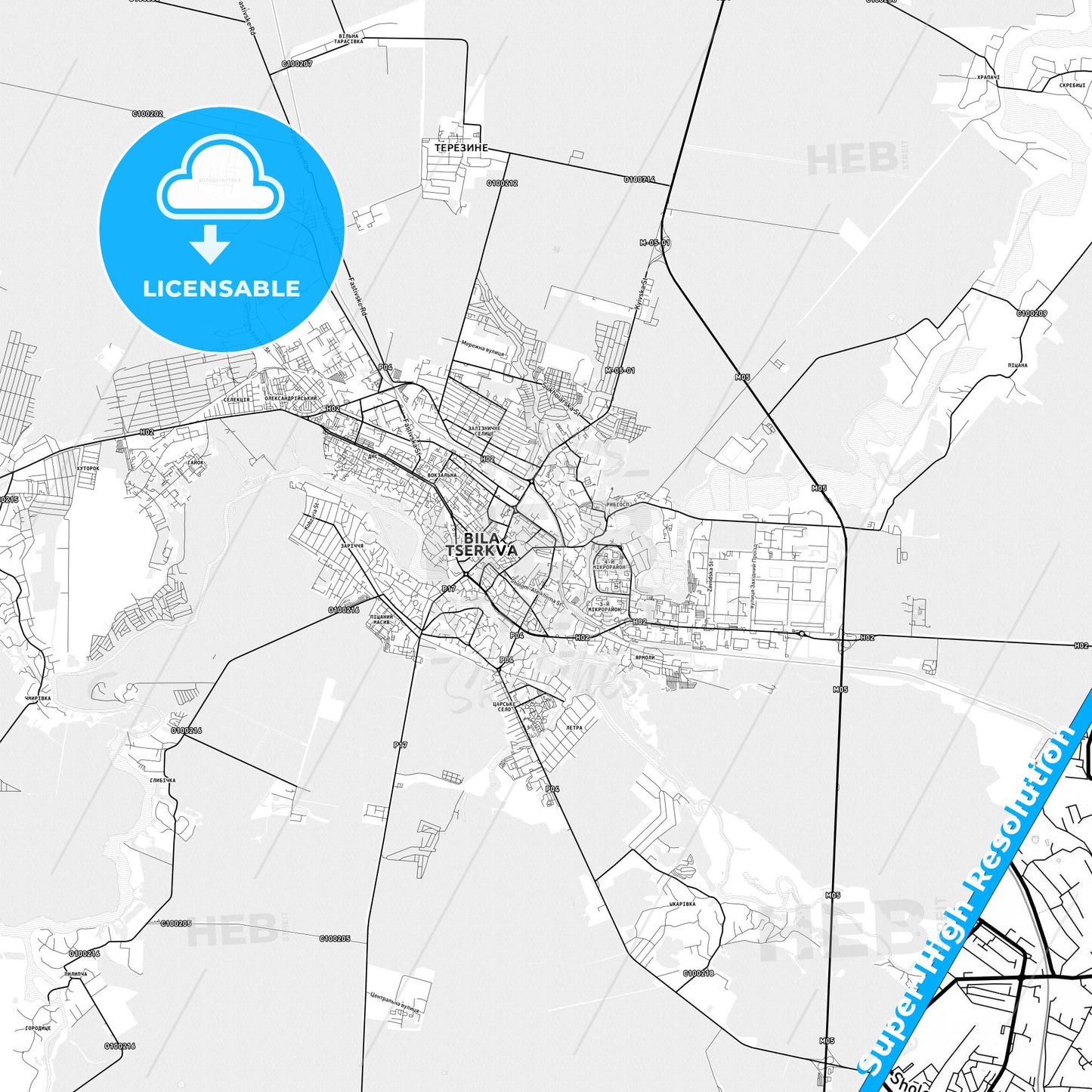 Bila Tserkva, Ukraine light map with streetnames, citynames and districts
