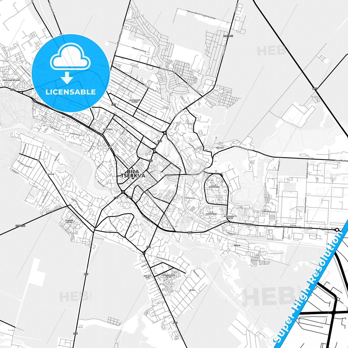 Bila Tserkva, Ukraine Light Map with Street Names, City Names, and Districts