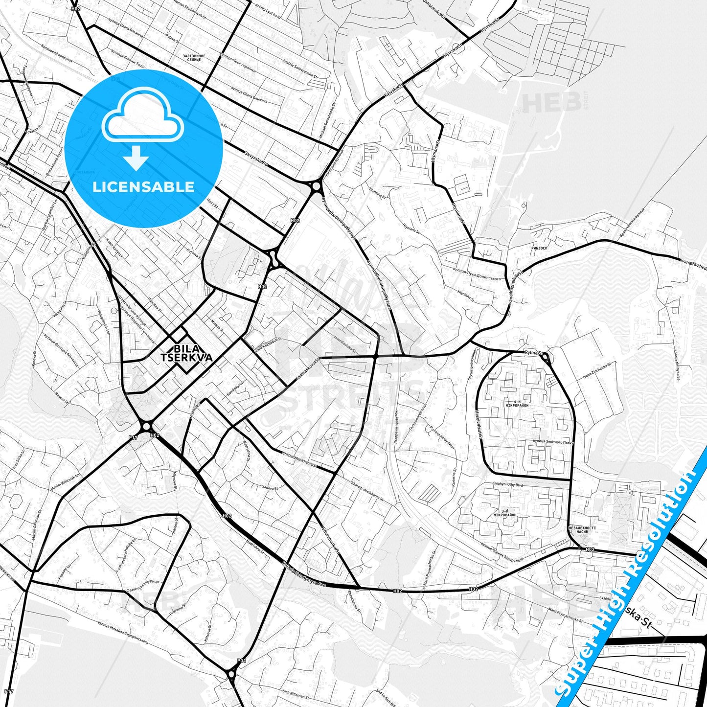 Bila Tserkva, Ukraine Light Map with Street Names, City Names, and Districts