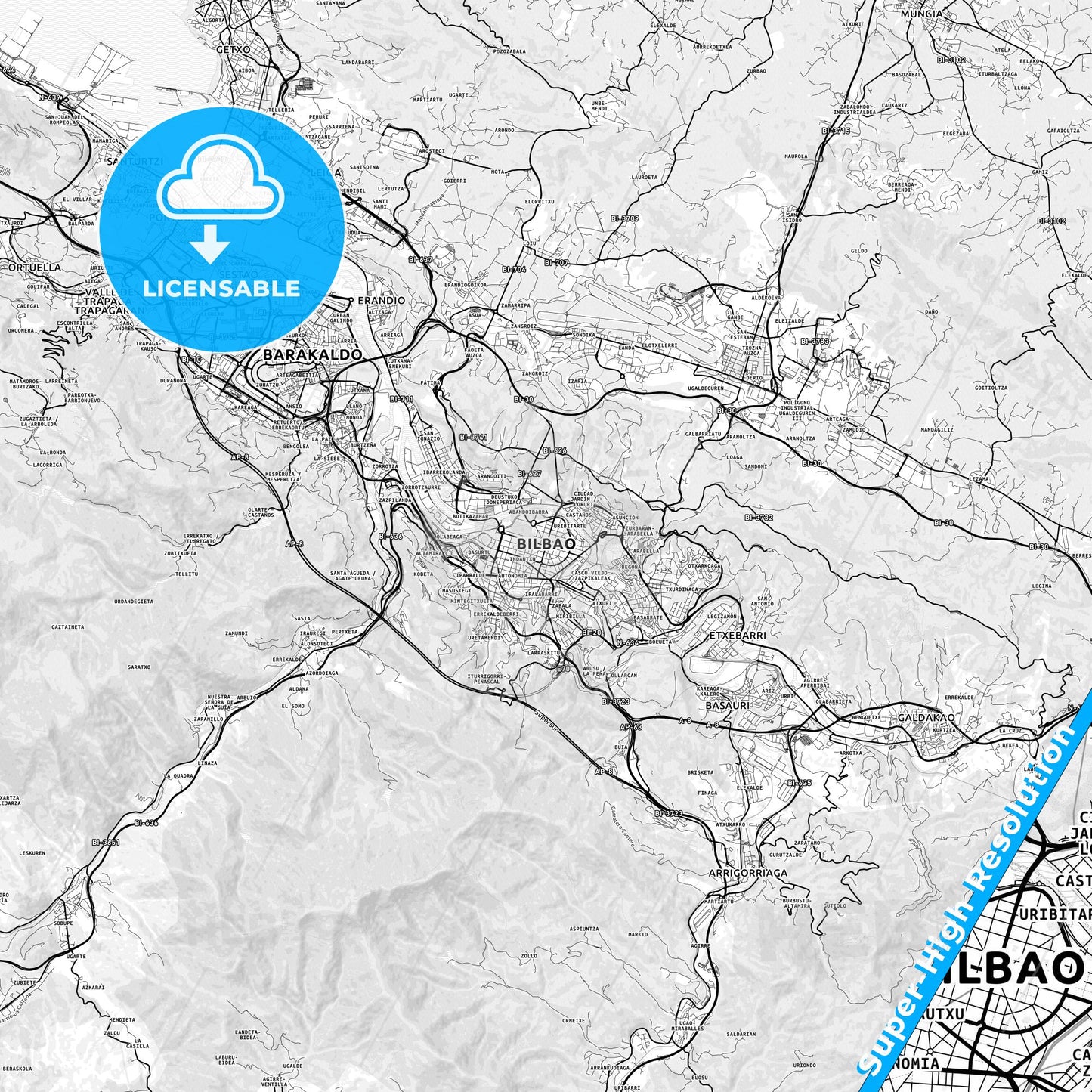 Bilbao, Spain light map with streetnames, citynames and districts