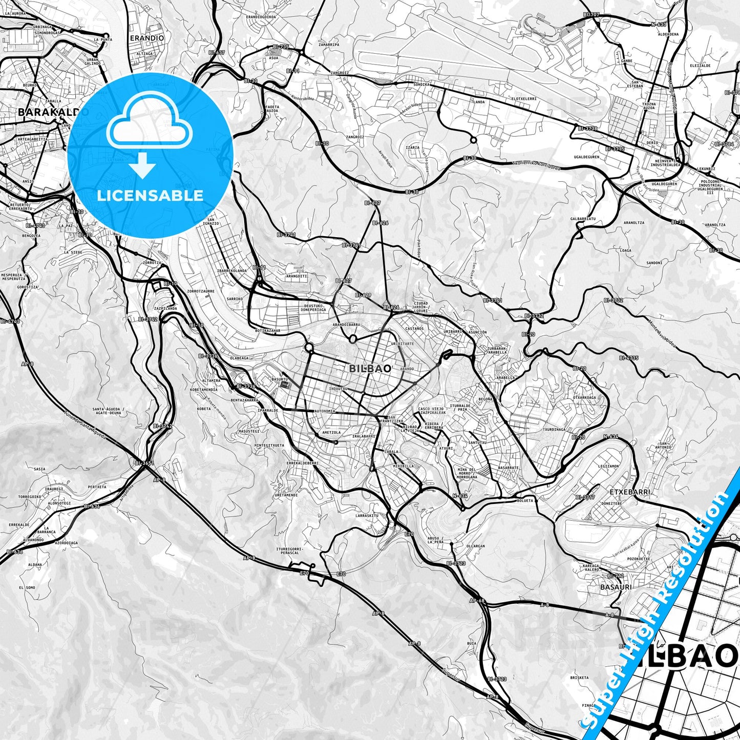 Bilbao, Spain Light Map with Street Names, City Names, and Districts