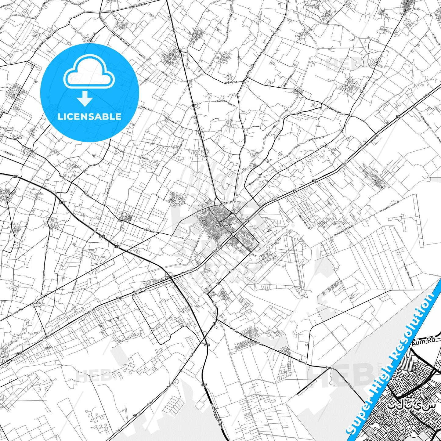 Bilbays, Egypt light map with streetnames, citynames and districts