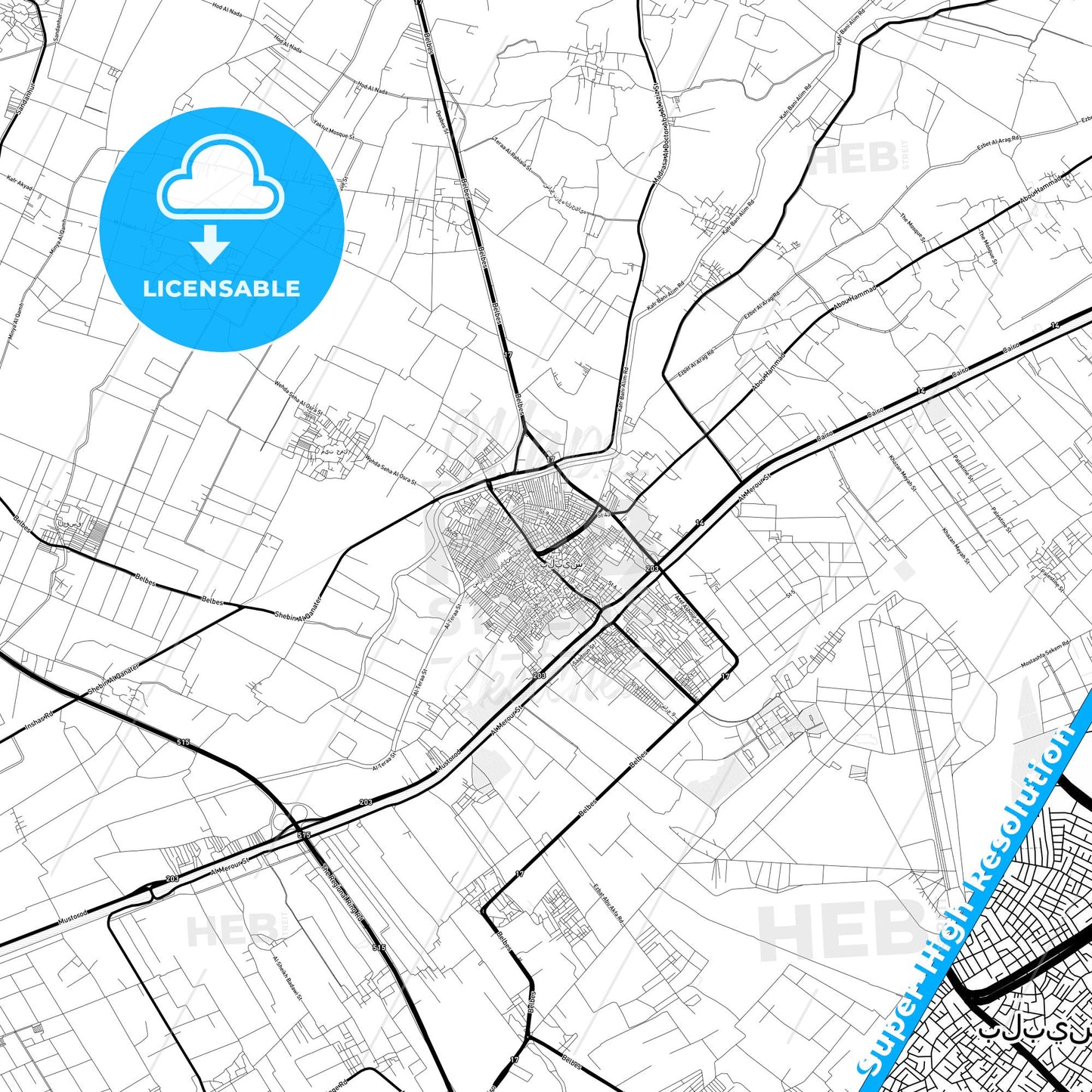 Bilbays, Egypt Light Map with Street Names, City Names, and Districts