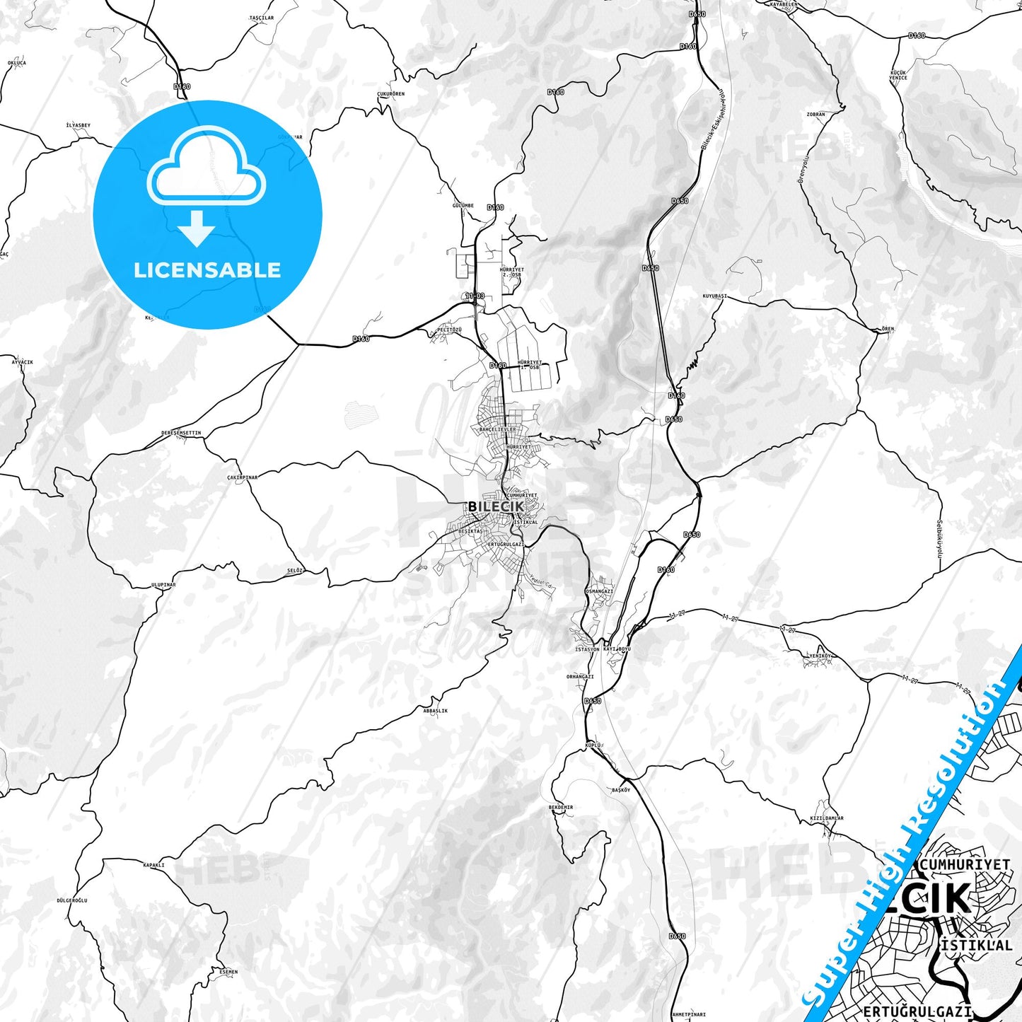 Bilecik, Turkey light map with streetnames, citynames and districts
