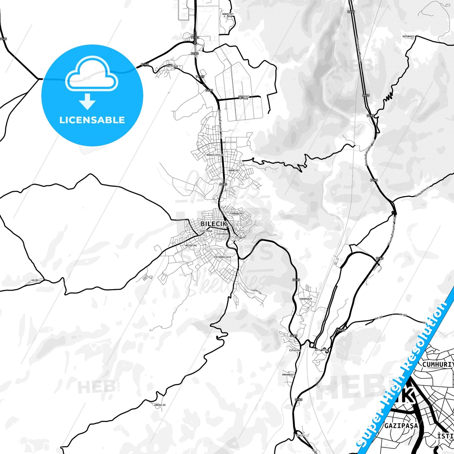 Bilecik, Turkey Light Map with Street Names, City Names, and Districts
