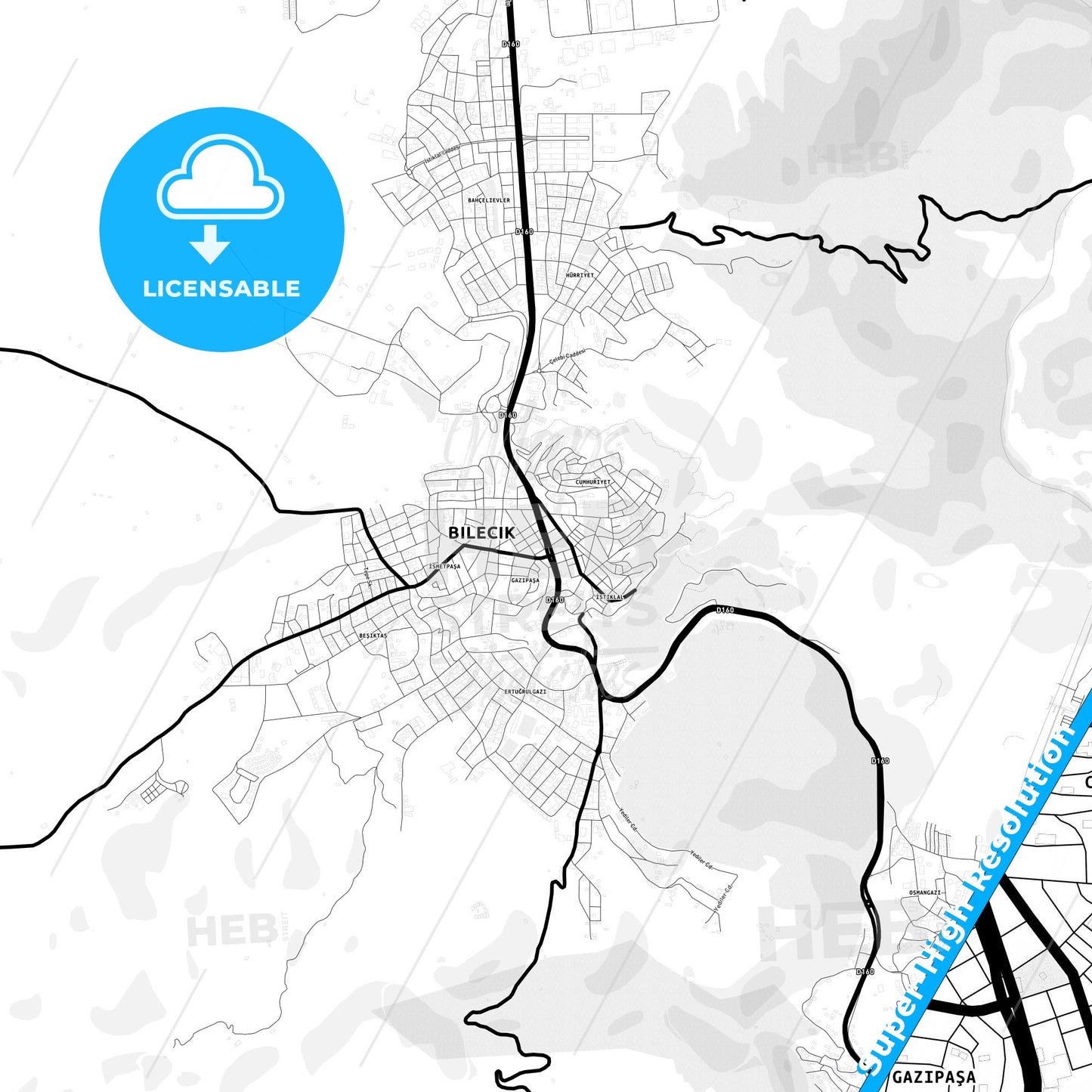 Bilecik, Turkey Light Map with Street Names, City Names, and Districts