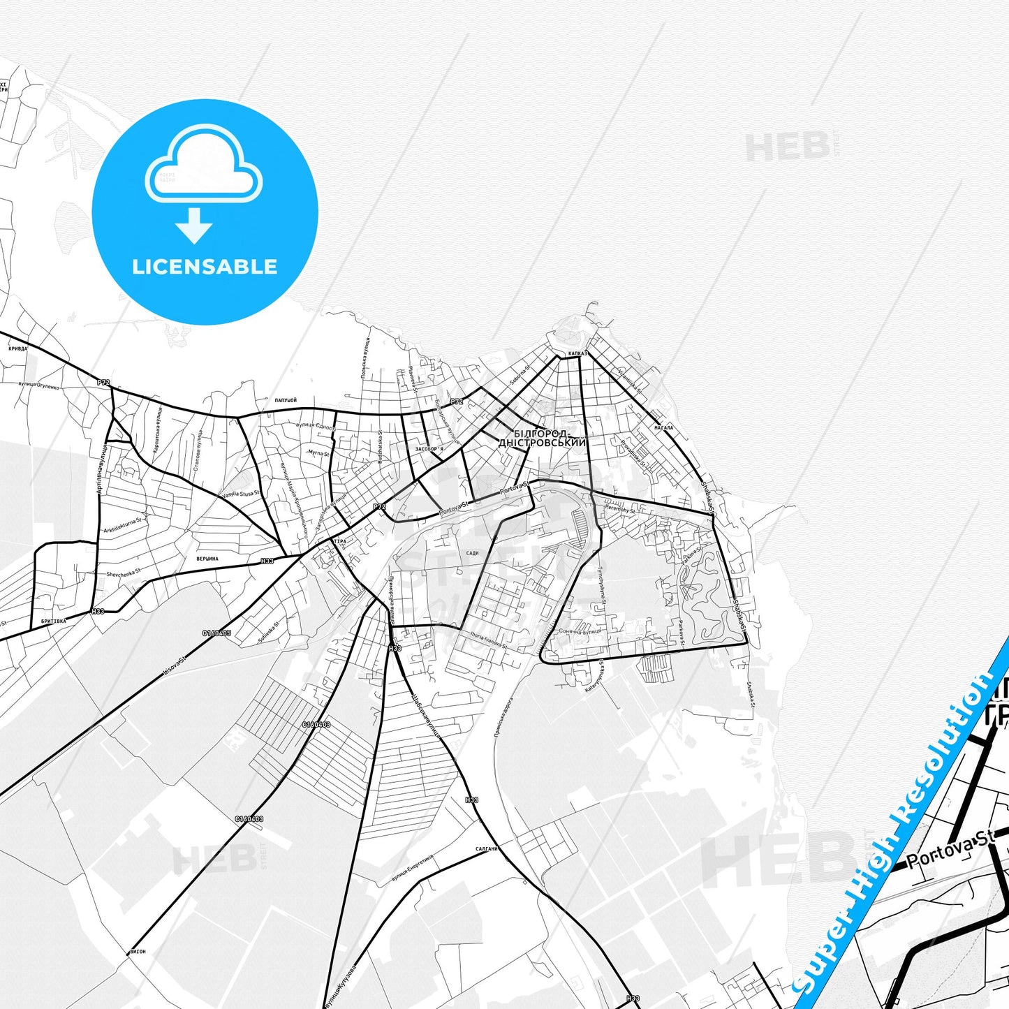 Bilhorod-Dnistrovskyi, Ukraine Light Map with Street Names, City Names, and Districts
