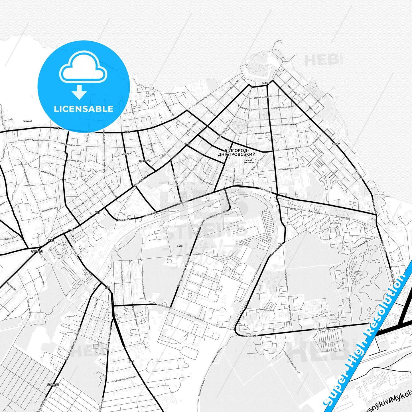Bilhorod-Dnistrovskyi, Ukraine Light Map with Street Names, City Names, and Districts