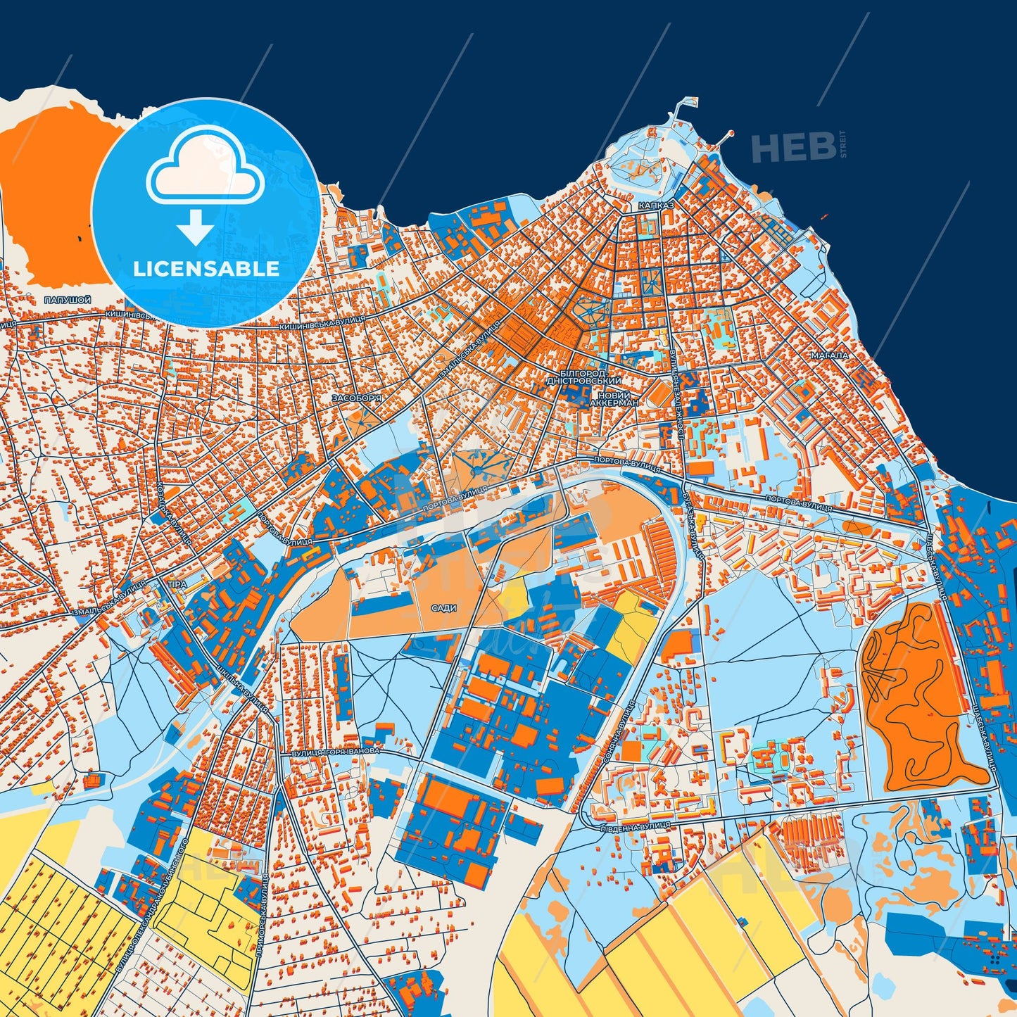 Colorful Bilhorod-Dnistrovskyi Street Map with Labels and Buildings