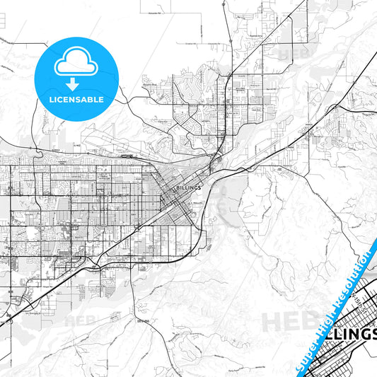 Billings, Montana light map with streetnames, citynames and districts