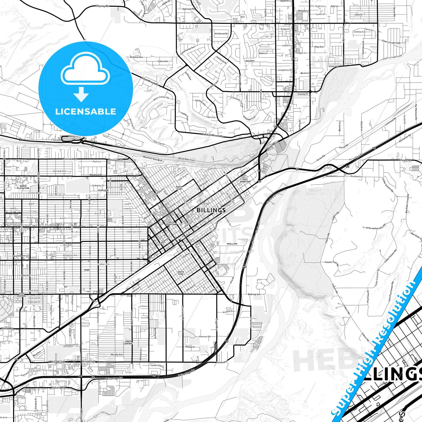 Billings, Montana Light Map with Street Names, City Names, and Districts
