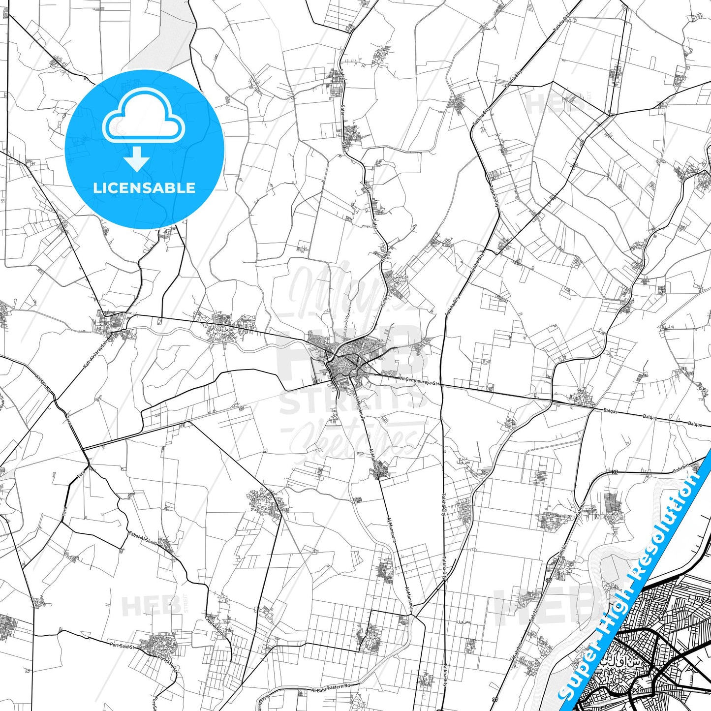 Bilqas, Egypt light map with streetnames, citynames and districts