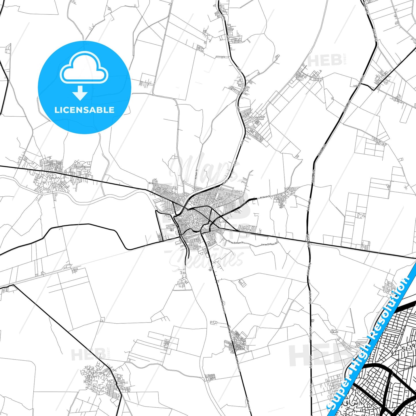Bilqas, Egypt Light Map with Street Names, City Names, and Districts