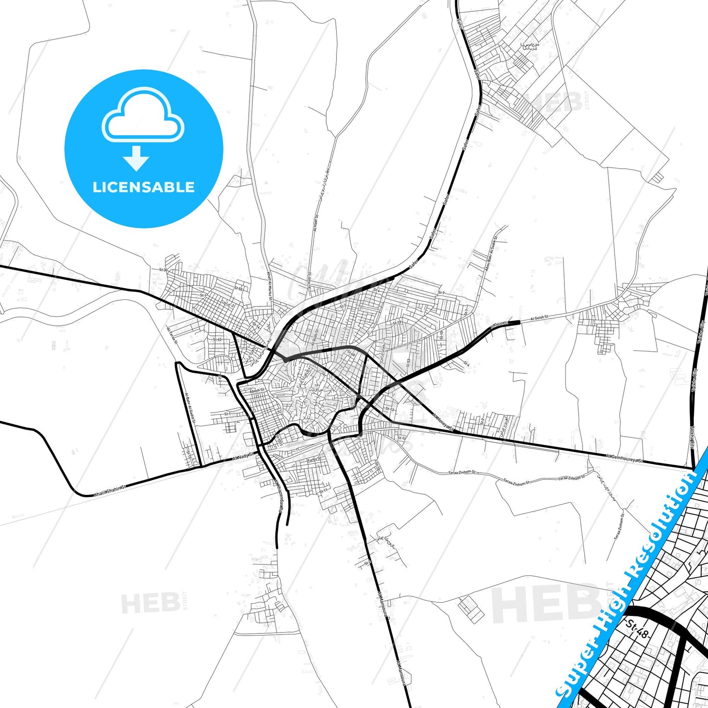 Bilqas, Egypt Light Map with Street Names, City Names, and Districts