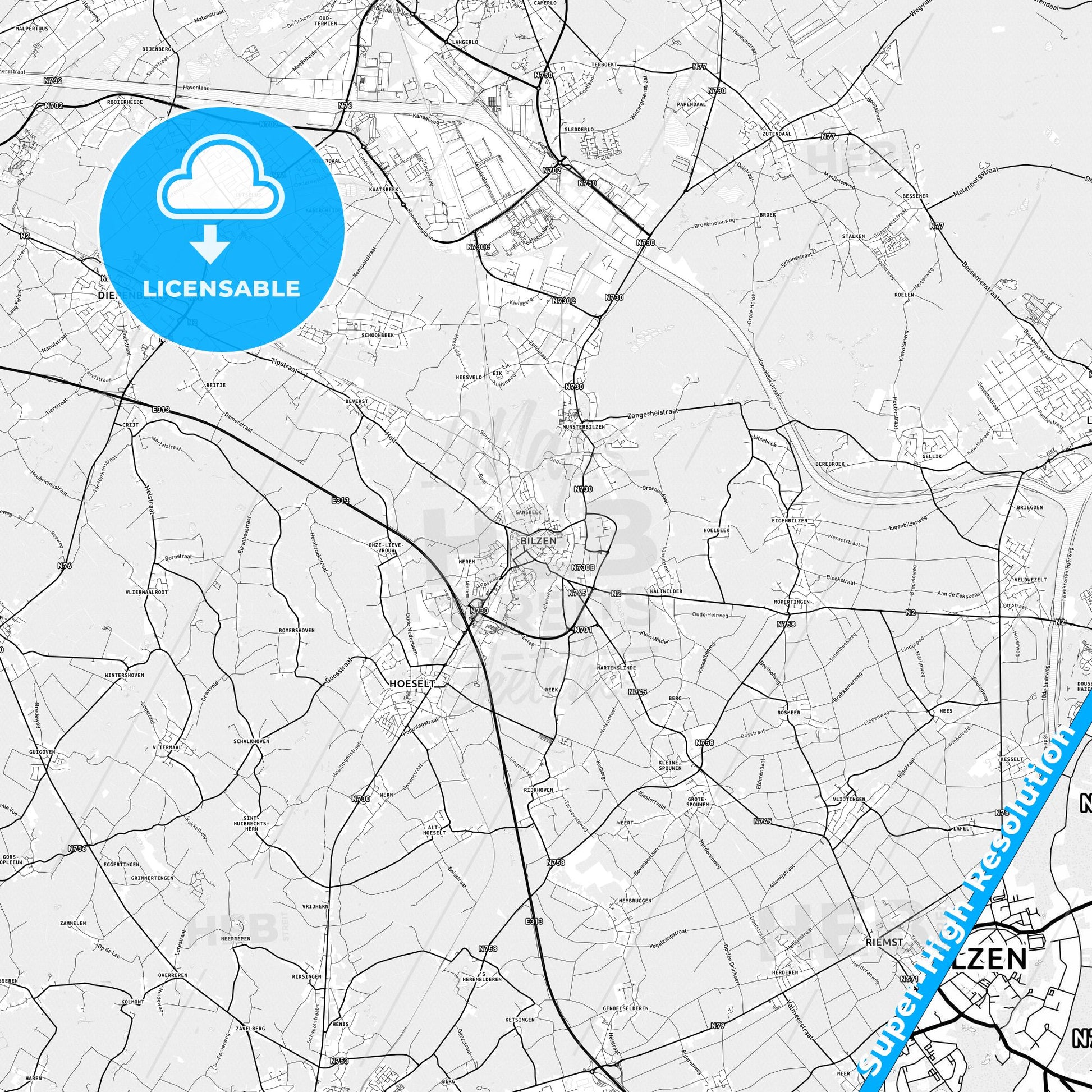 Bilzen, Belgium light map with streetnames, citynames and districts
