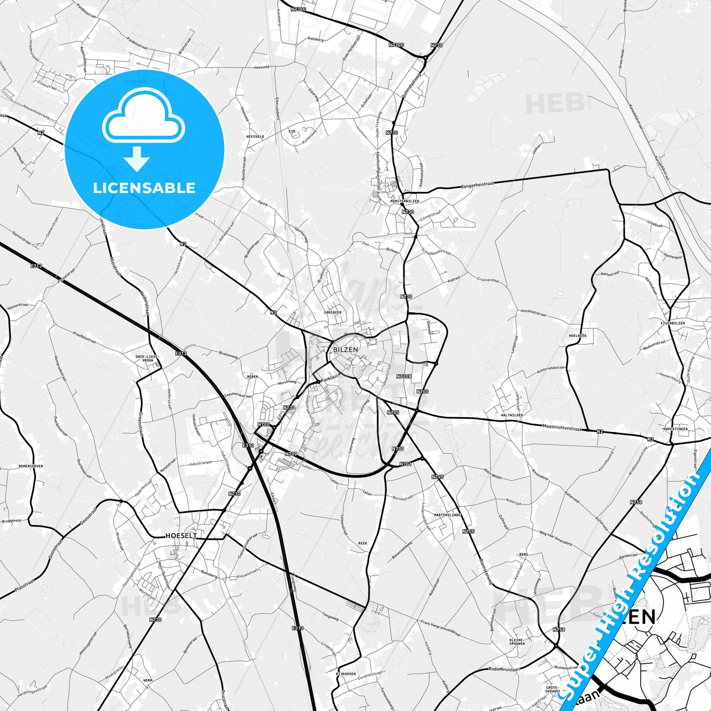 Bilzen, Belgium Light Map with Street Names, City Names, and Districts