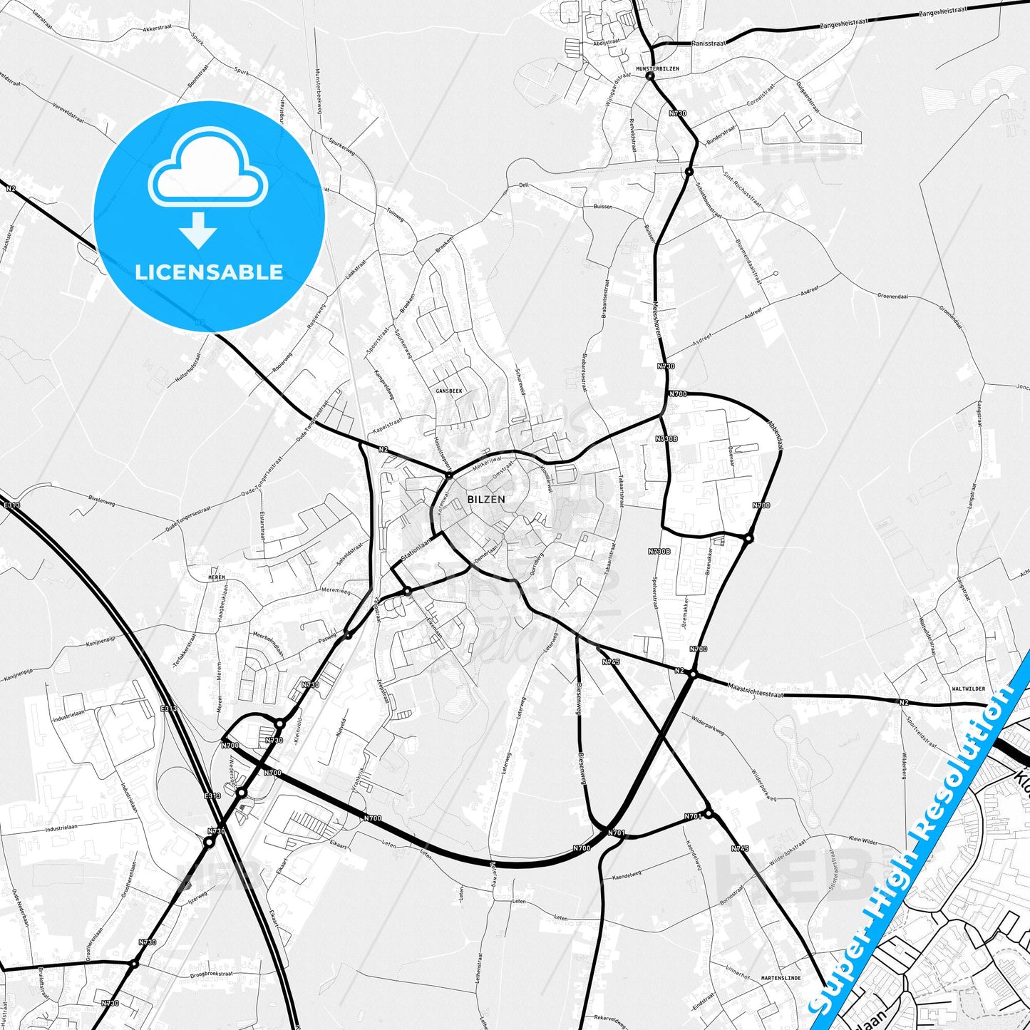 Bilzen, Belgium Light Map with Street Names, City Names, and Districts