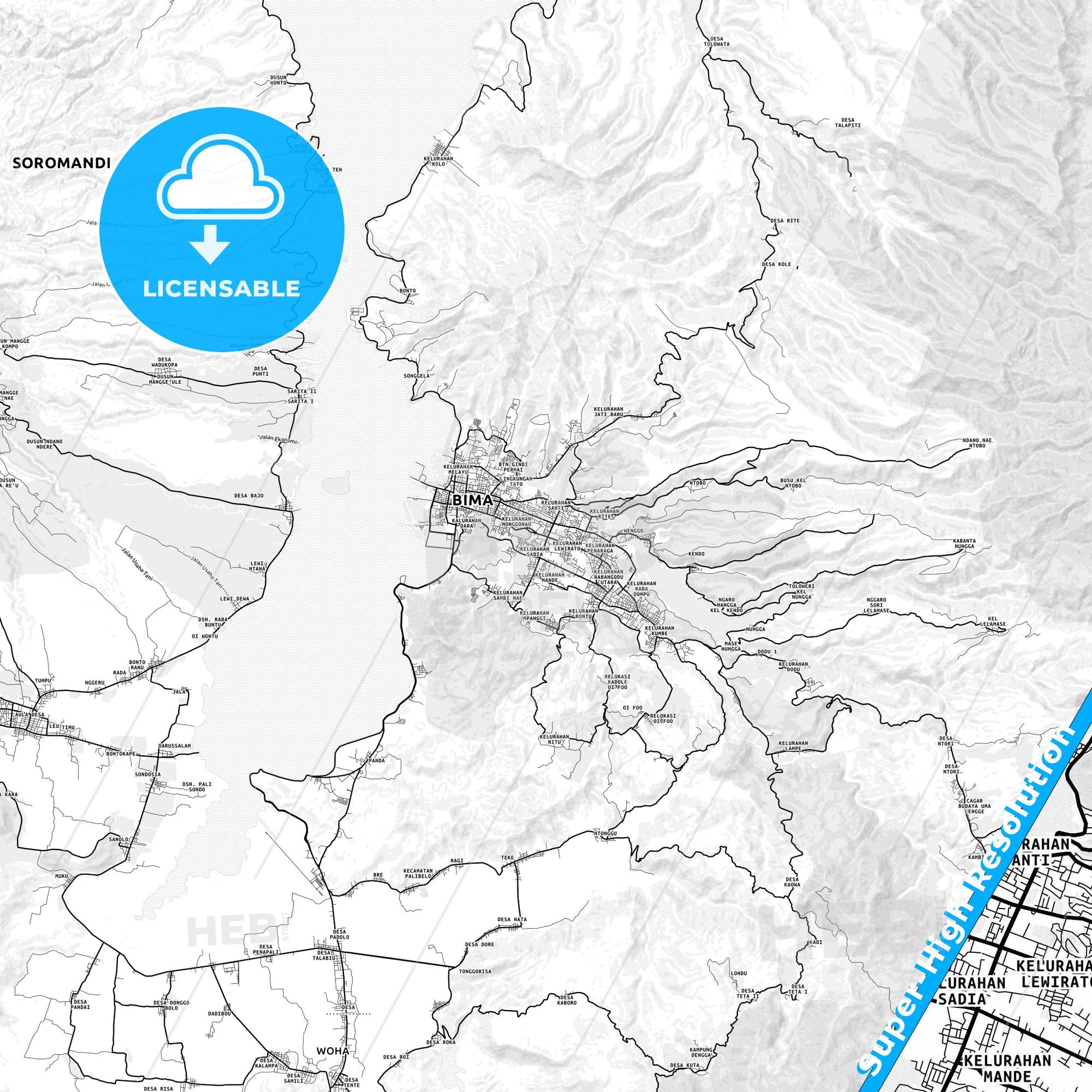 Bima, Indonesia light map with streetnames, citynames and districts