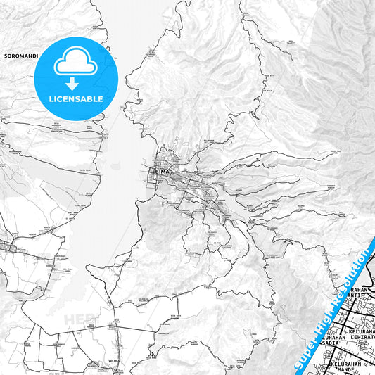 Bima, Indonesia light map with streetnames, citynames and districts