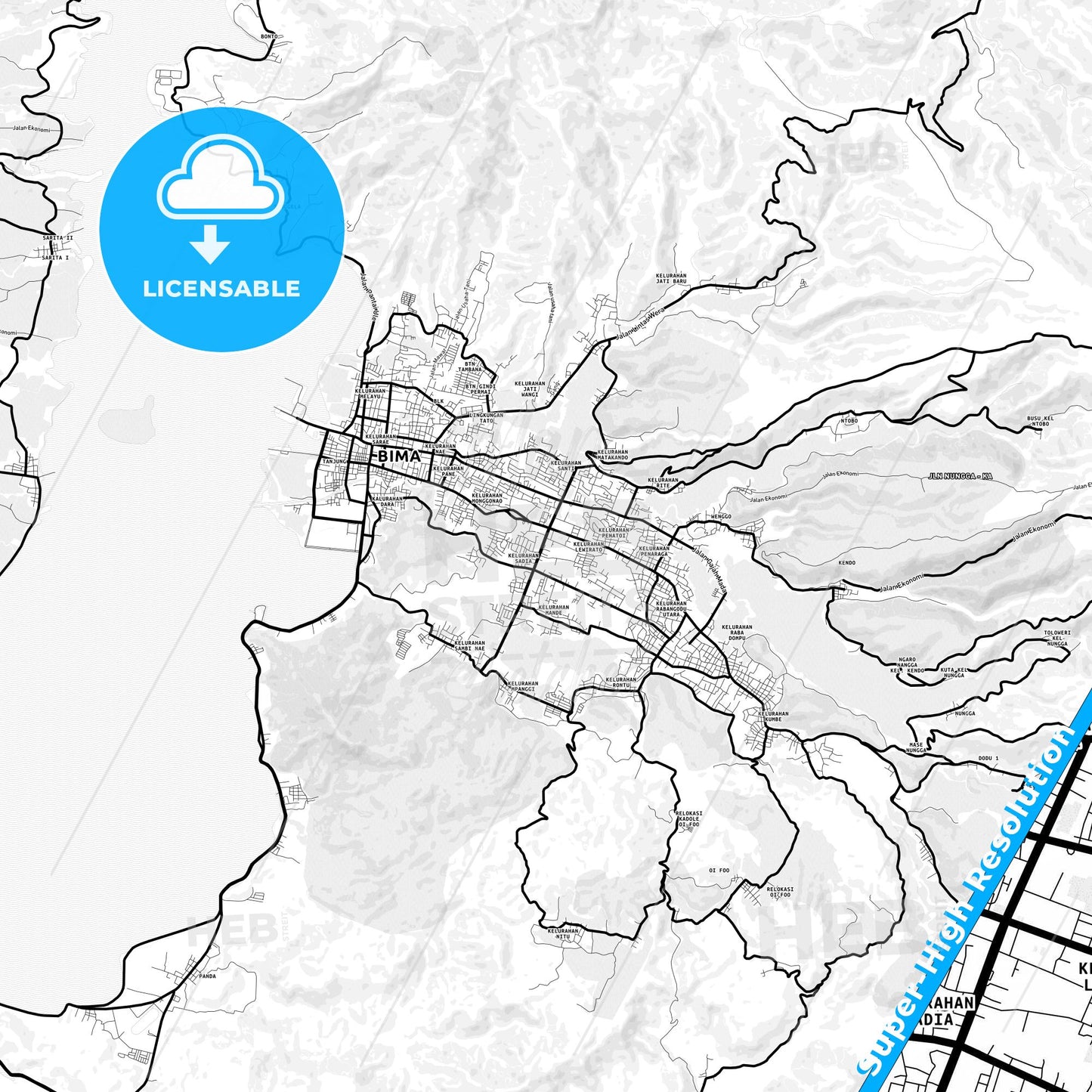 Bima, Indonesia Light Map with Street Names, City Names, and Districts