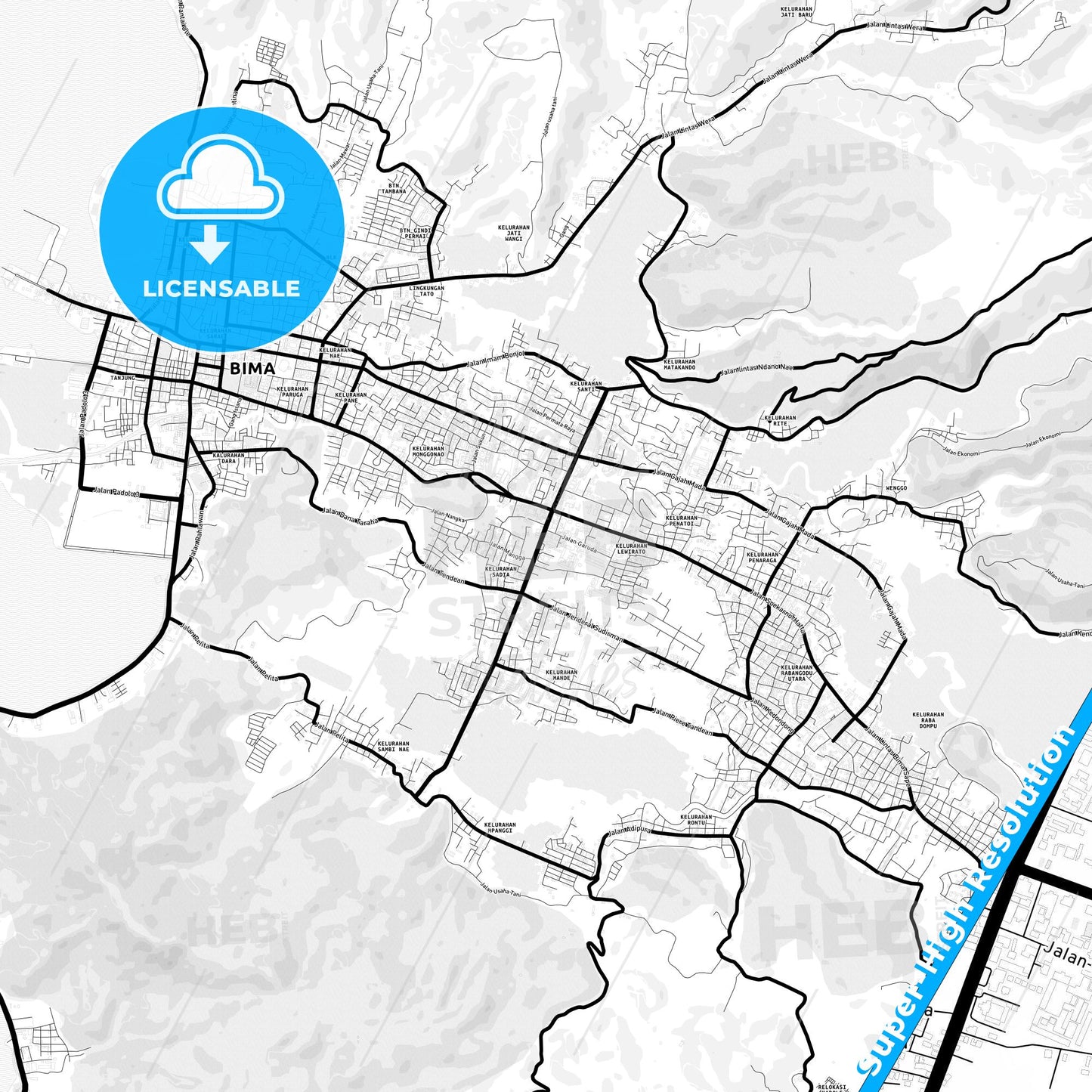 Bima, Indonesia Light Map with Street Names, City Names, and Districts