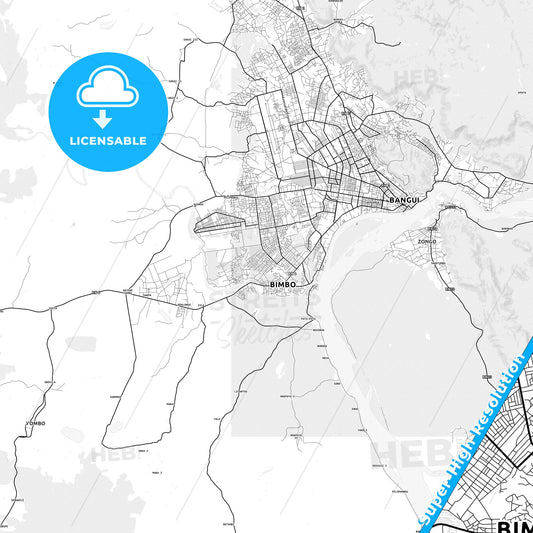 Bimbo, Central African Republic light map with streetnames, citynames and districts