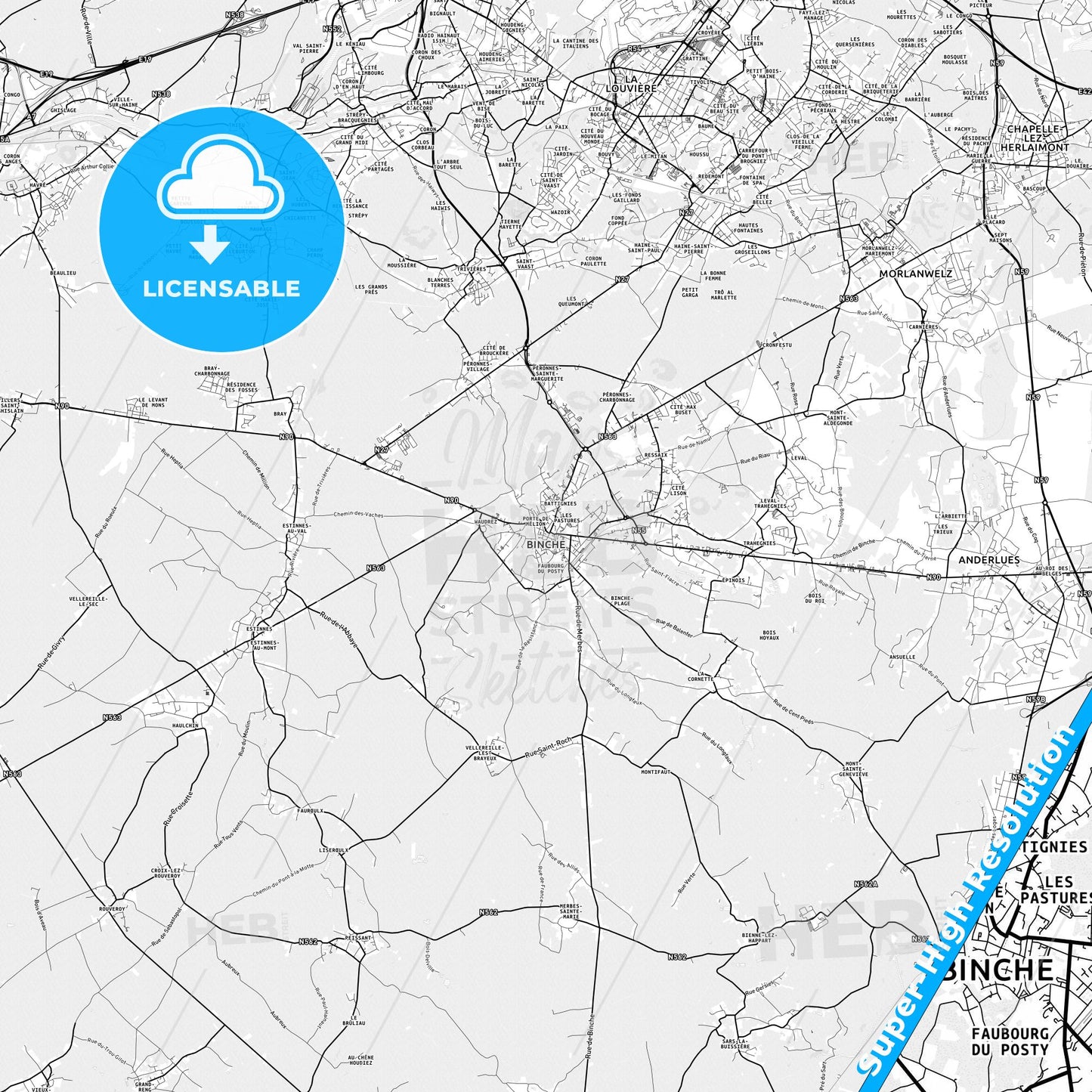 Binche, Belgium light map with streetnames, citynames and districts