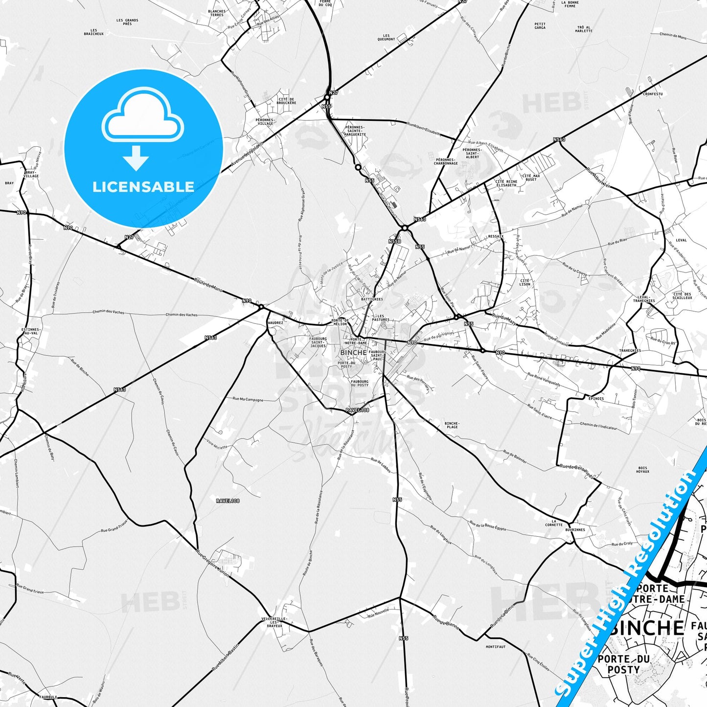 Binche, Belgium Light Map with Street Names, City Names, and Districts