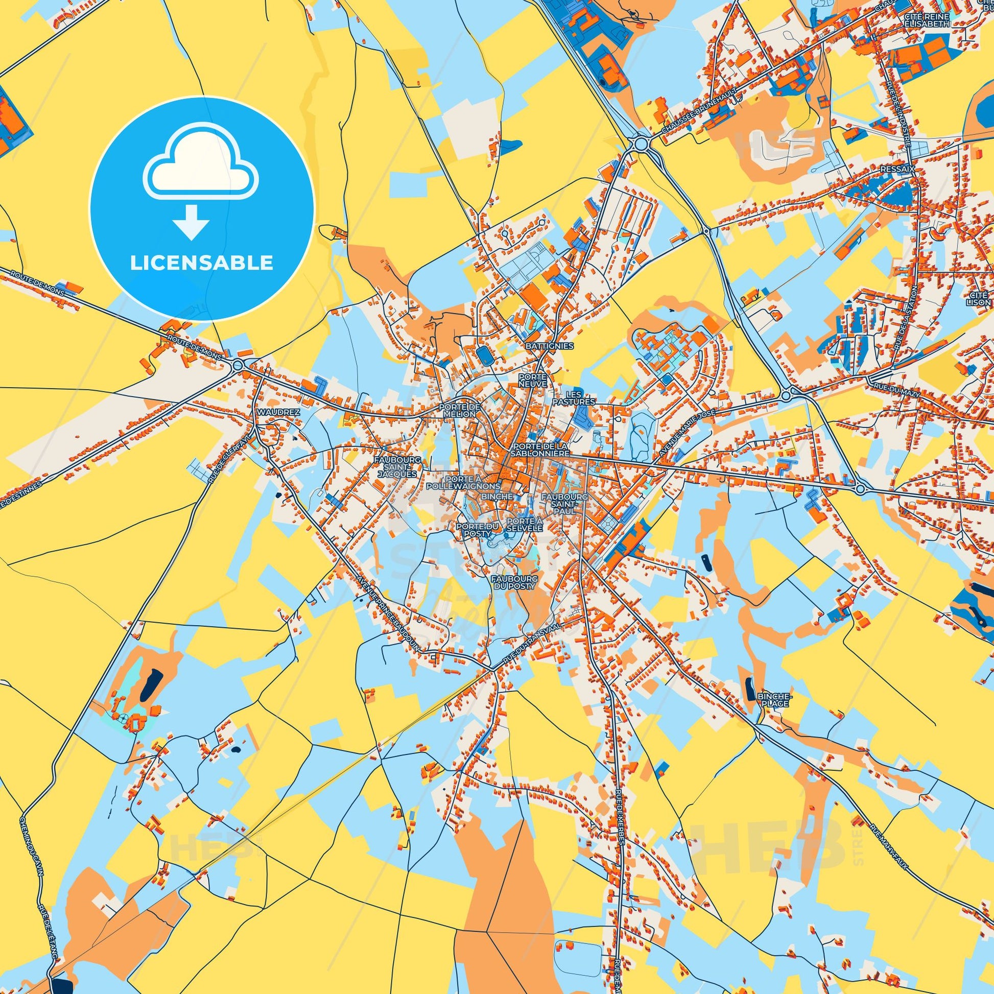 Colorful Binche Street Map with Labels and Buildings