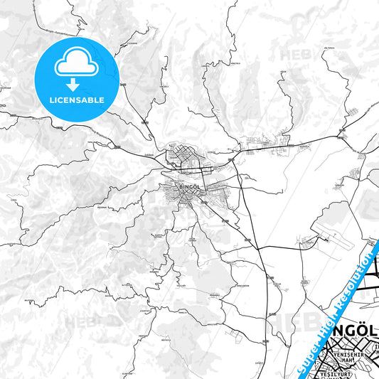 Bingöl, Turkey light map with streetnames, citynames and districts