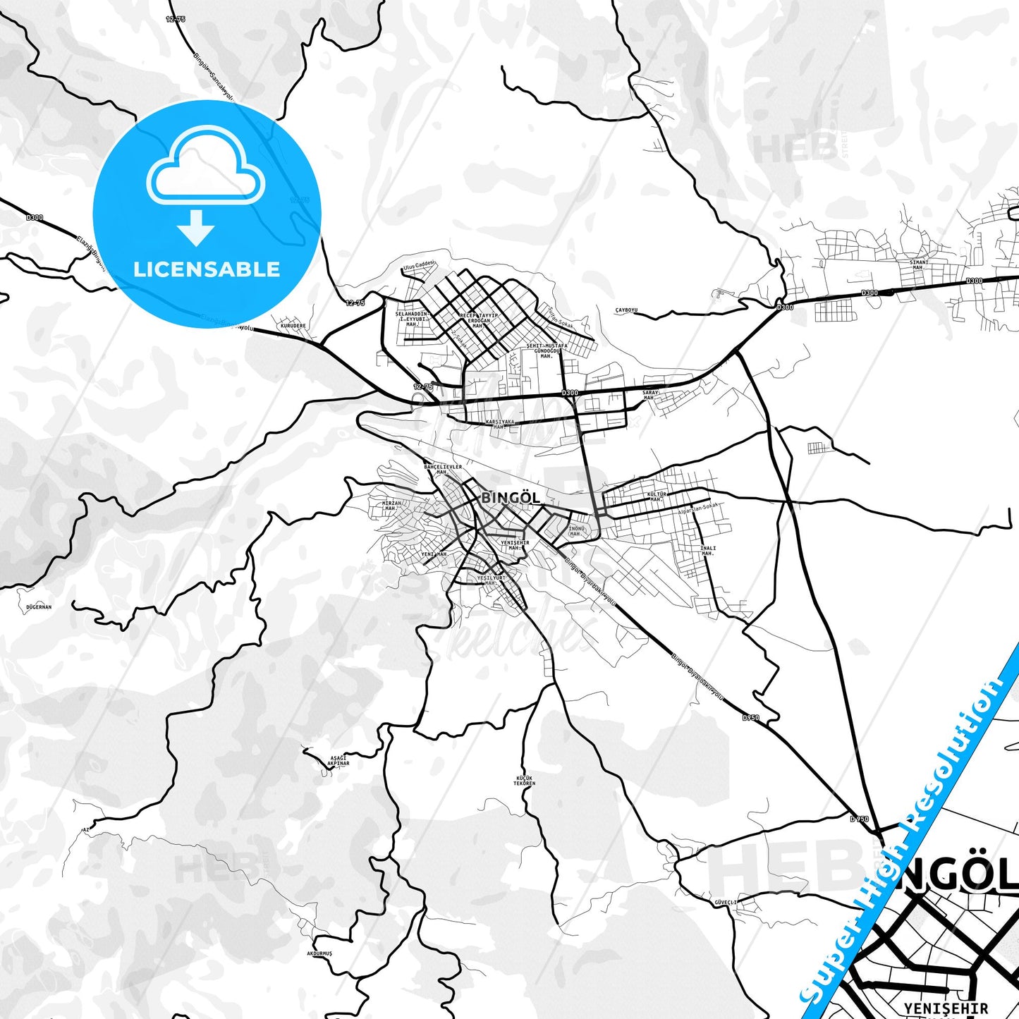 Bingöl, Turkey Light Map with Street Names, City Names, and Districts