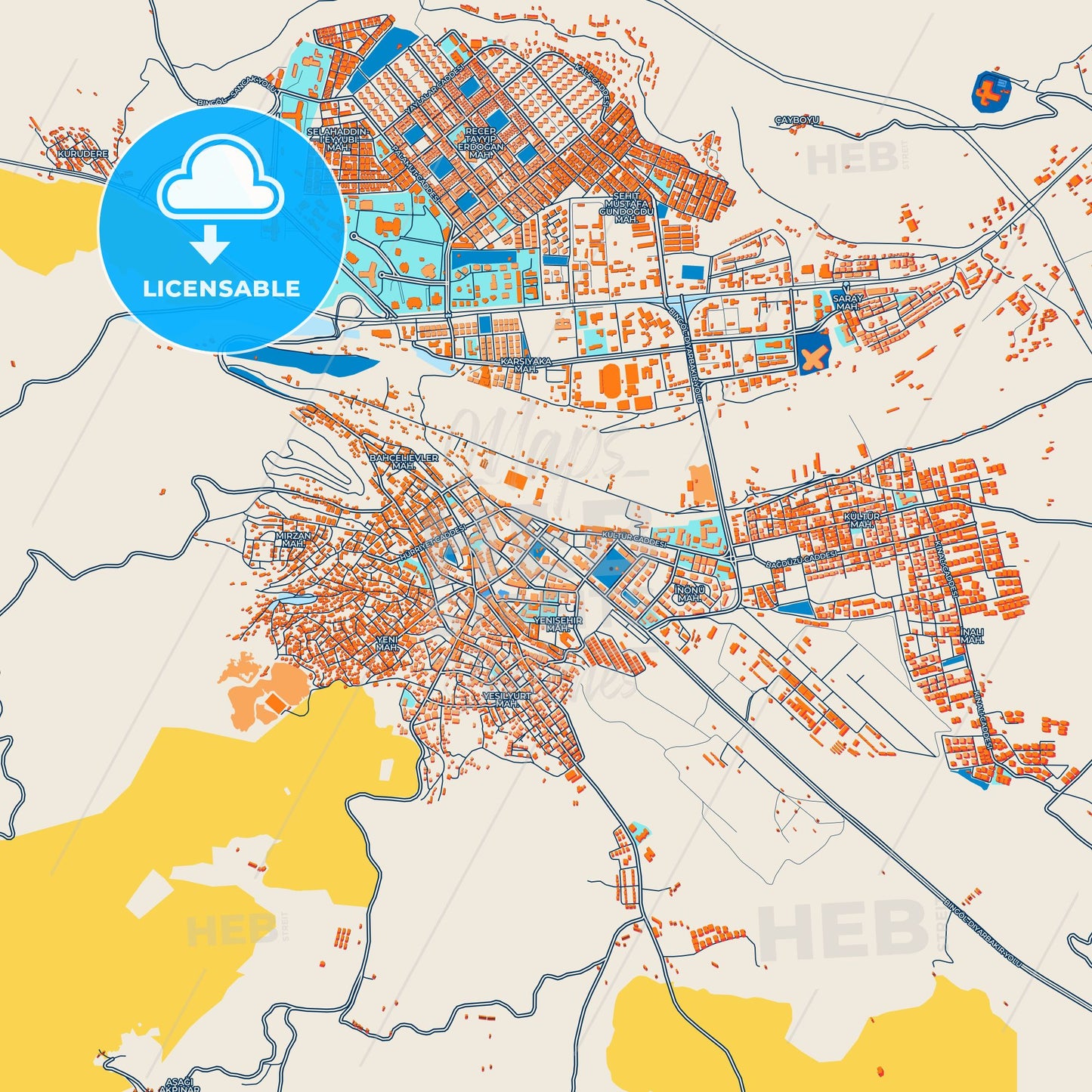 Colorful Bingöl Street Map with Labels and Buildings