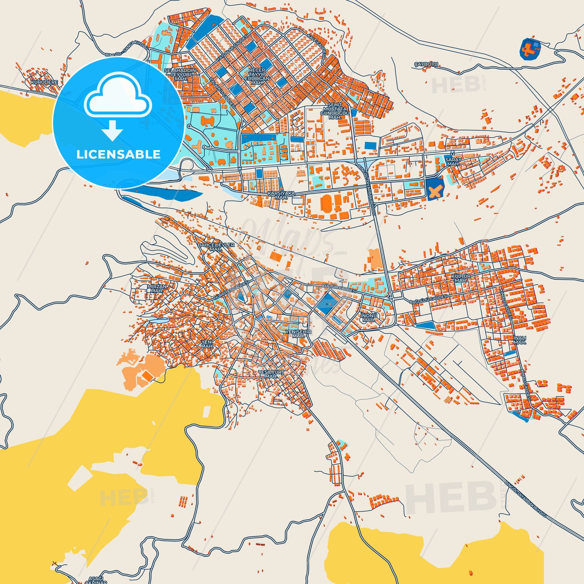 Colorful Bingöl Street Map with Labels and Buildings