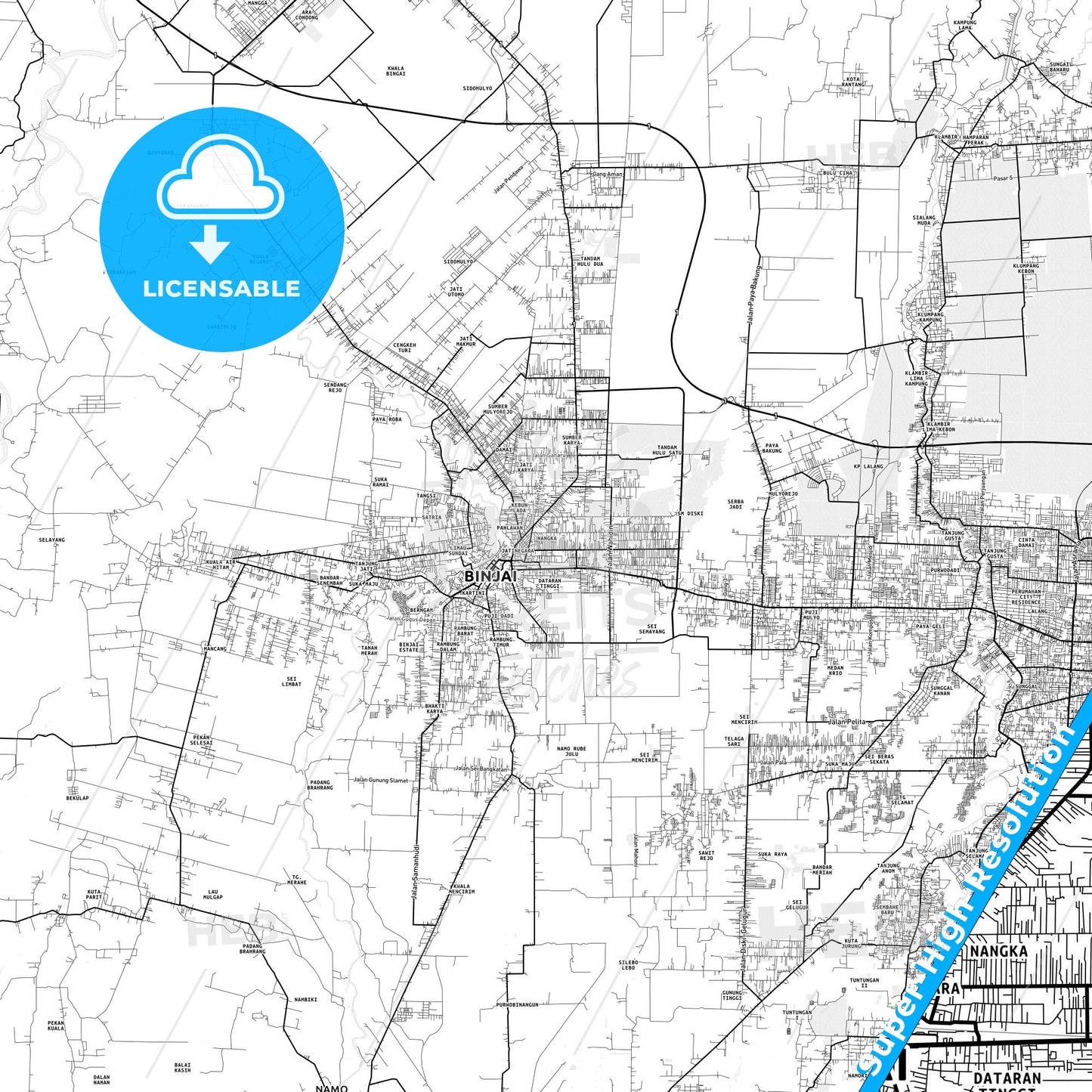 Binjai, Indonesia light map with streetnames, citynames and districts
