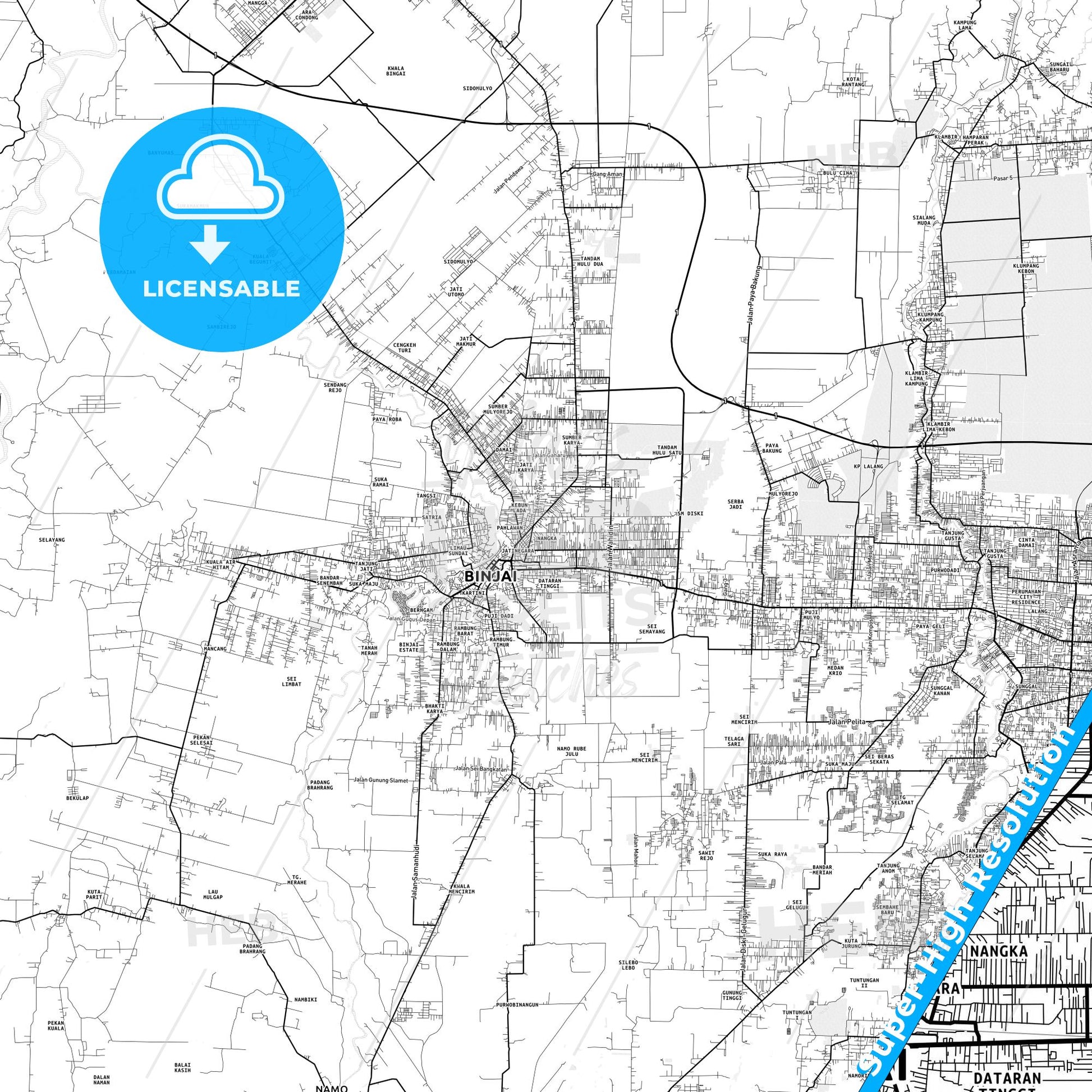 Binjai, Indonesia light map with streetnames, citynames and districts