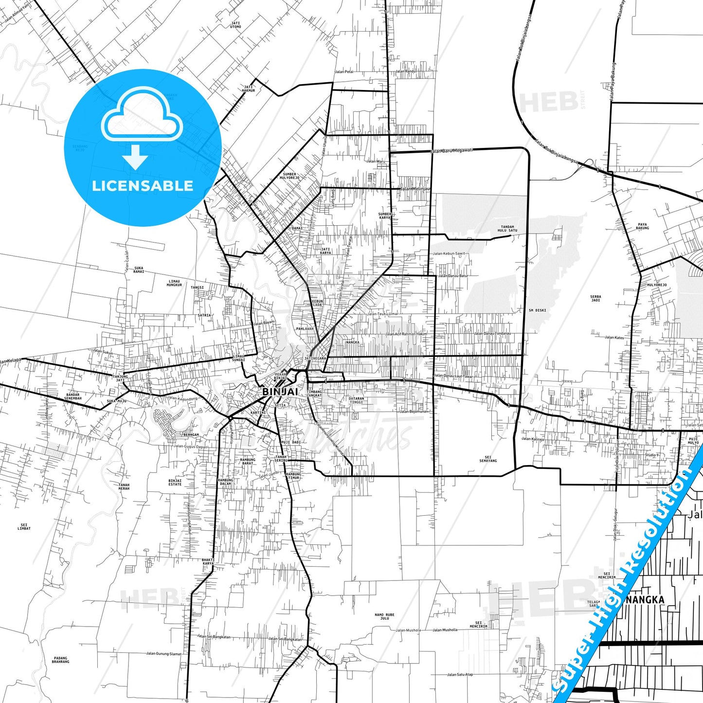 Binjai, Indonesia Light Map with Street Names, City Names, and Districts