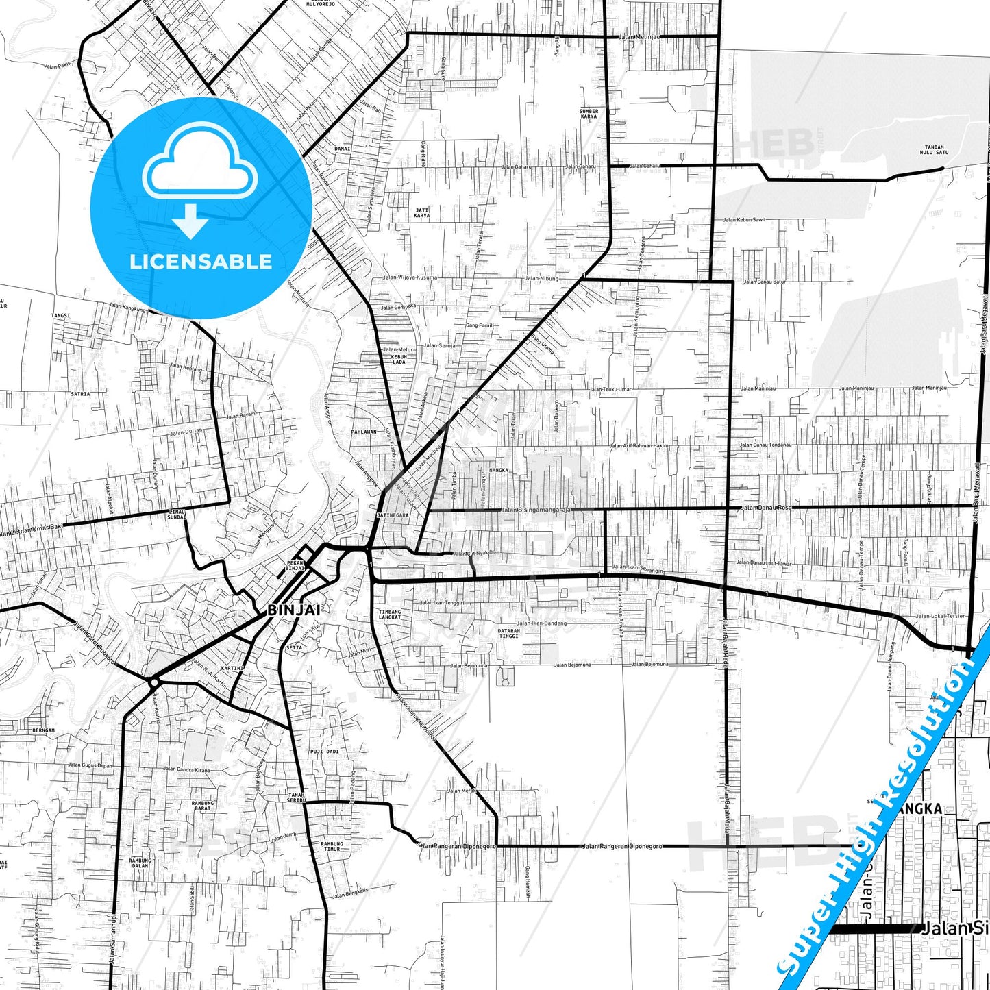 Binjai, Indonesia Light Map with Street Names, City Names, and Districts